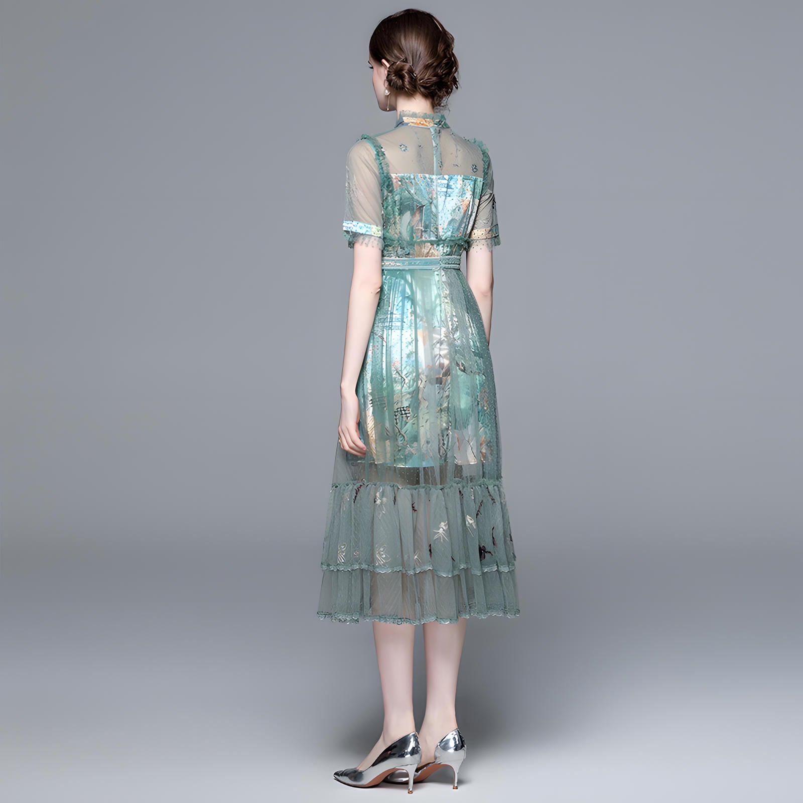 Luxury Silk Thread Embroidery Mesh and Lace Butterfly Sleeve Dress - 6994#616