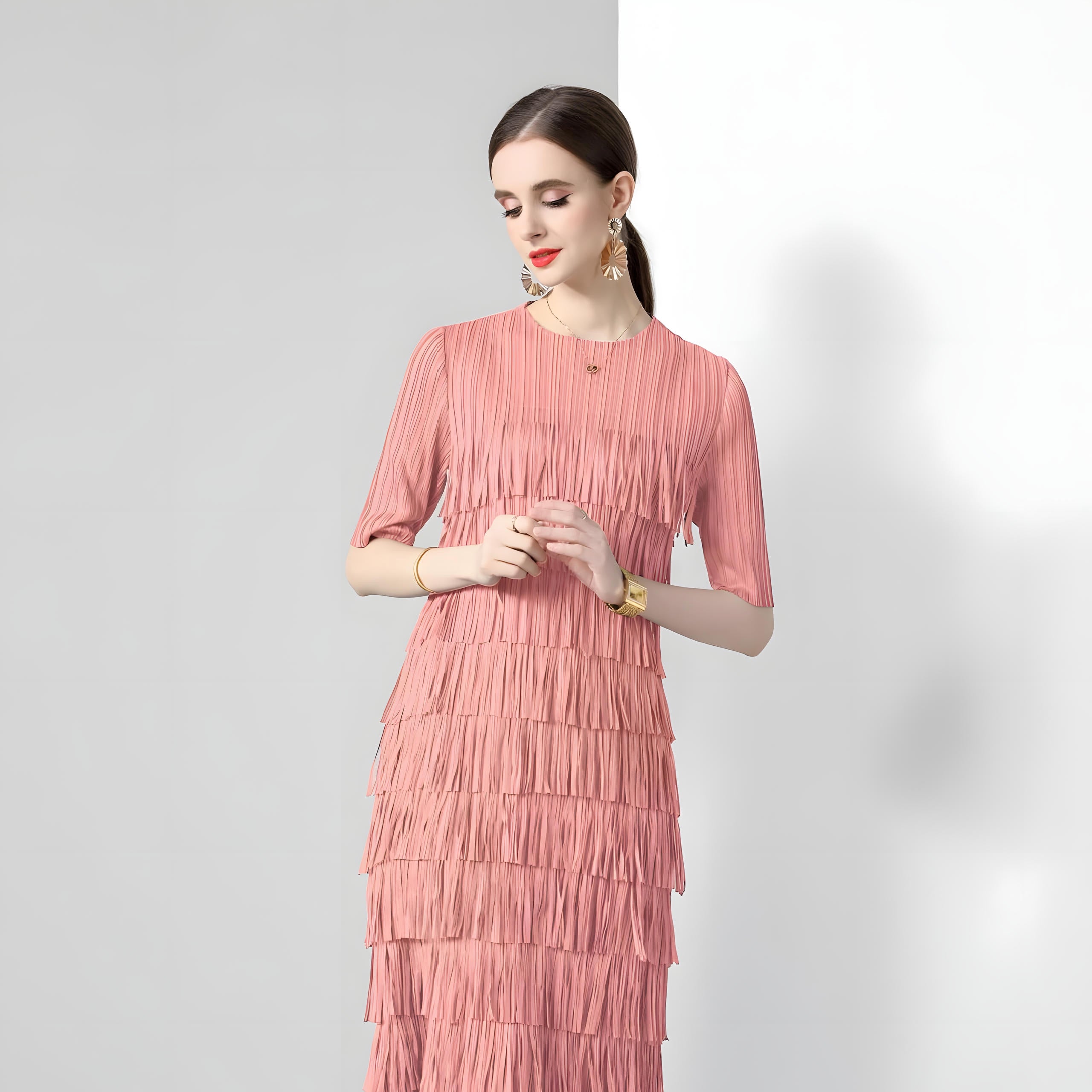 Multitier Fringe Stretchable Free Size Party Peach Dress - 764154489541_ZY_PEA