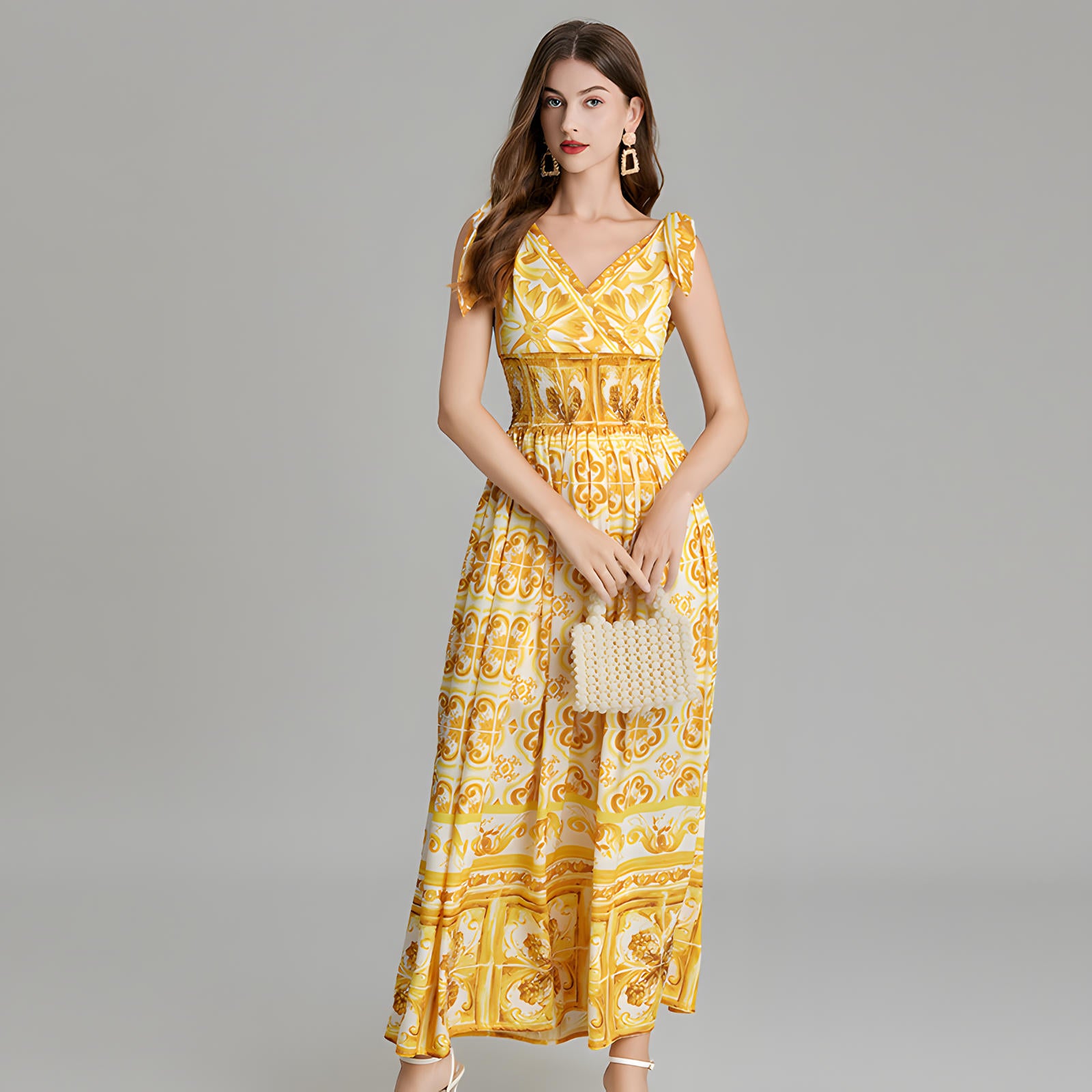 Celadon Print V-Neck Blue A Line Long Dress With Elasticated Wait - 815251322071_YEL