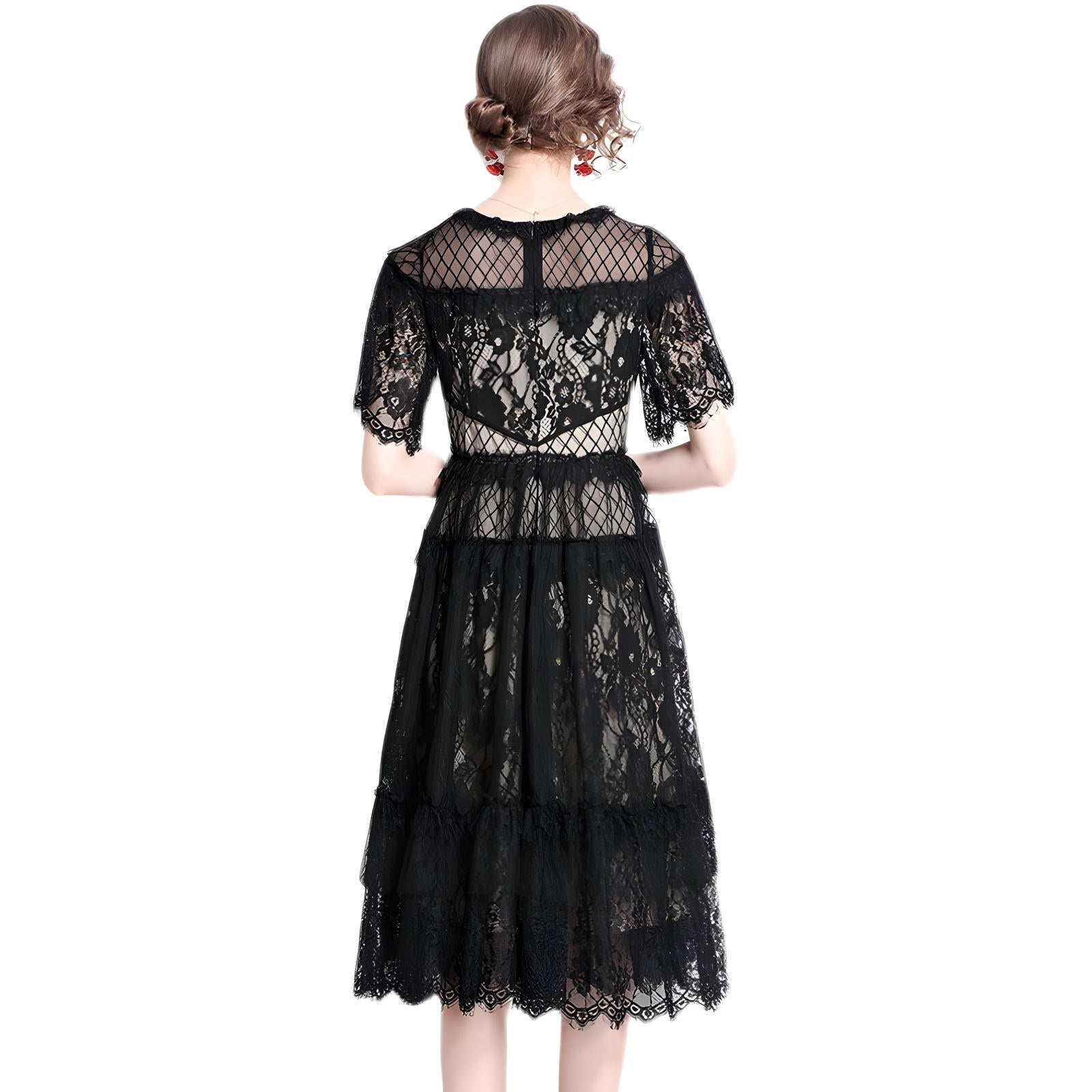 Luxury French Layered Lace Round Neck Midi Black Dress - 8993607