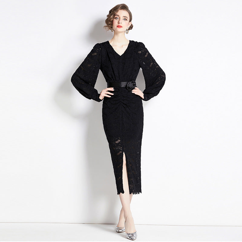 French Lace Long Sleeve V Neck Front Slit Body-fit Dress With Rose Belt - 750531237798_BLA
