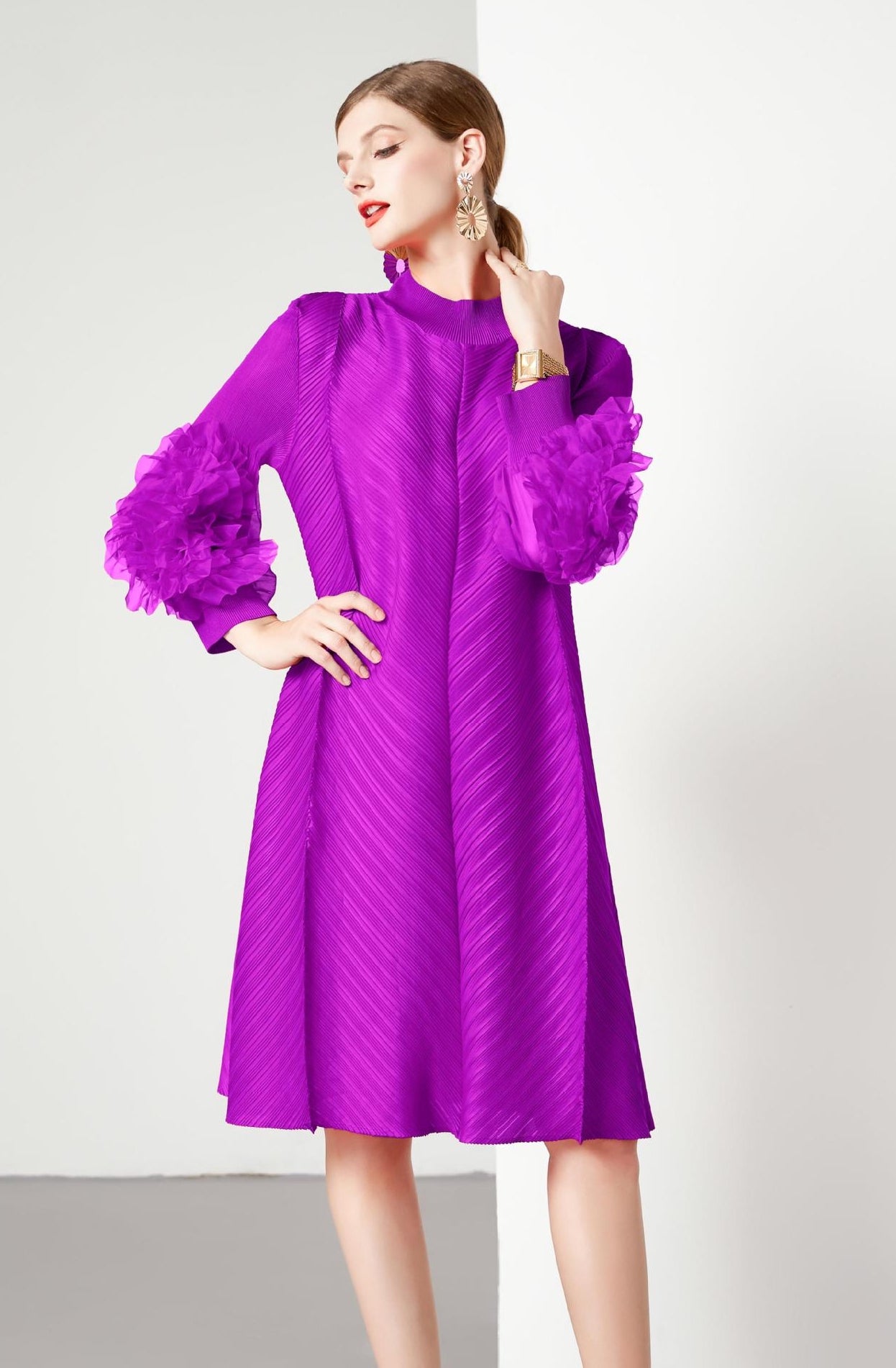 Heat Set Pleated Mini Dress One Size - 824142807175_PUR