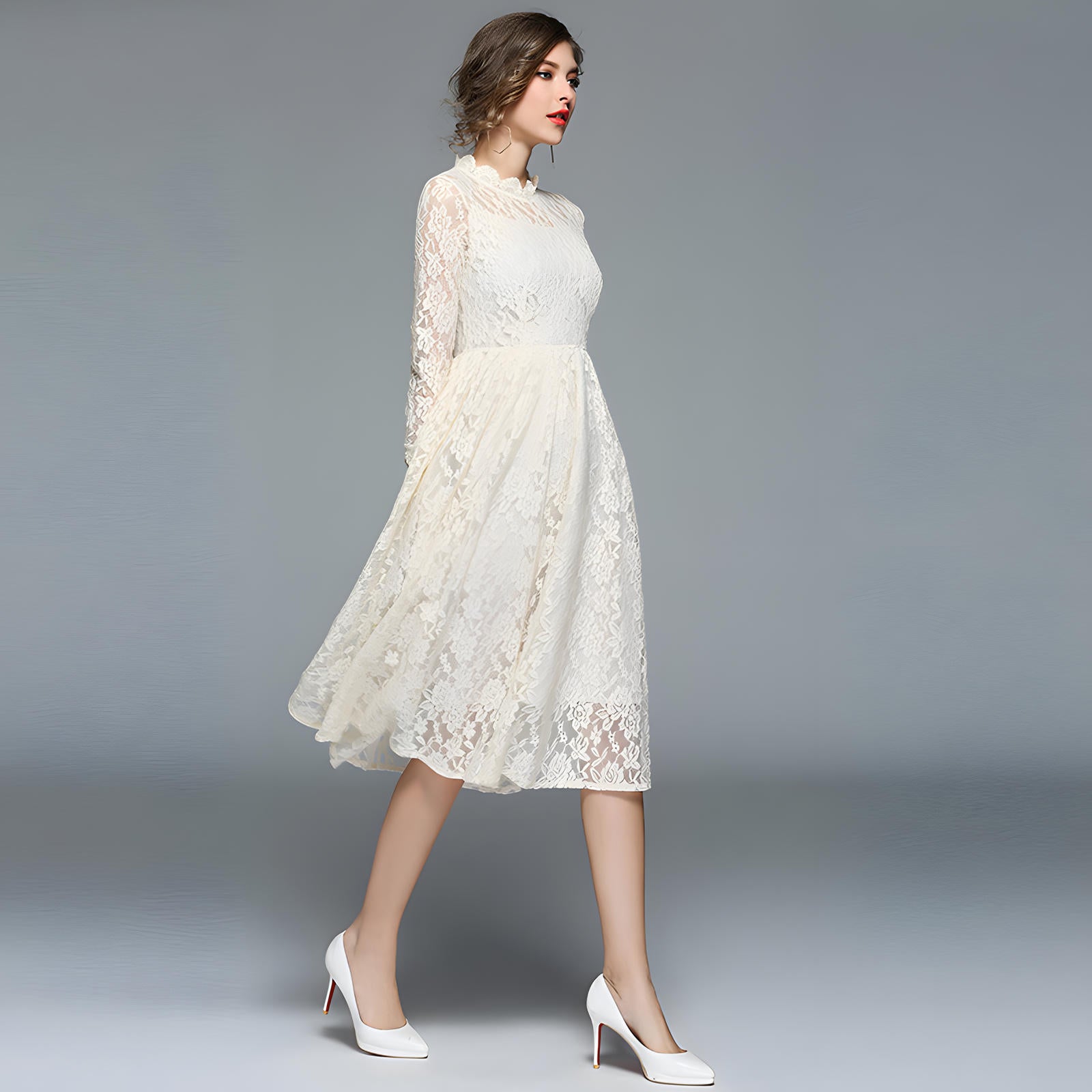 Luxury French Lace High Neck Retro White Dress - 752586637379