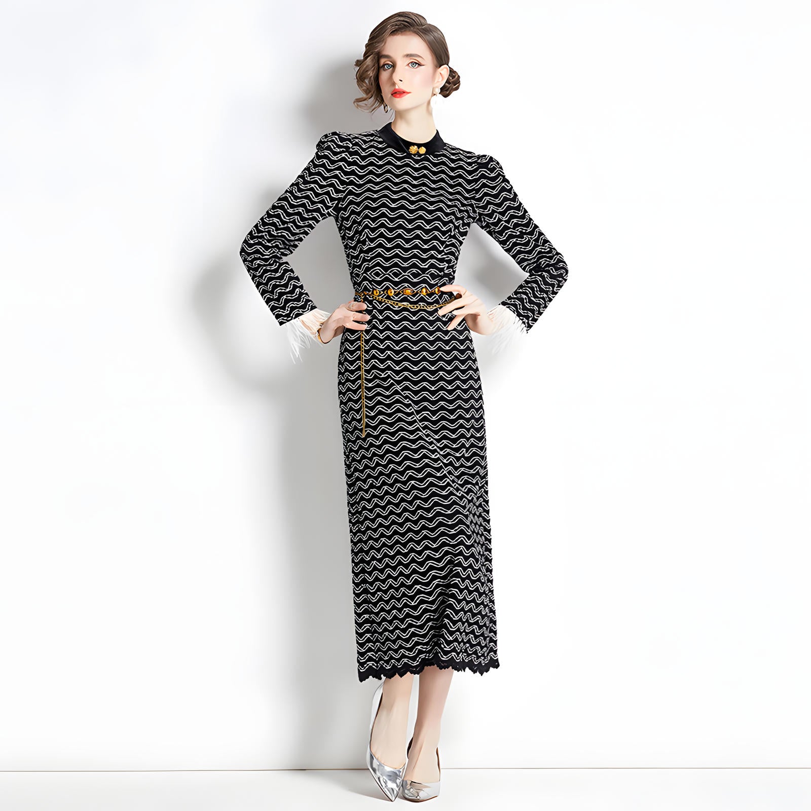 Feather Stitched Full Sleeves Thickened Fabric High Neck Body-fit Dress With Waist Chain - 750531053744_BLA