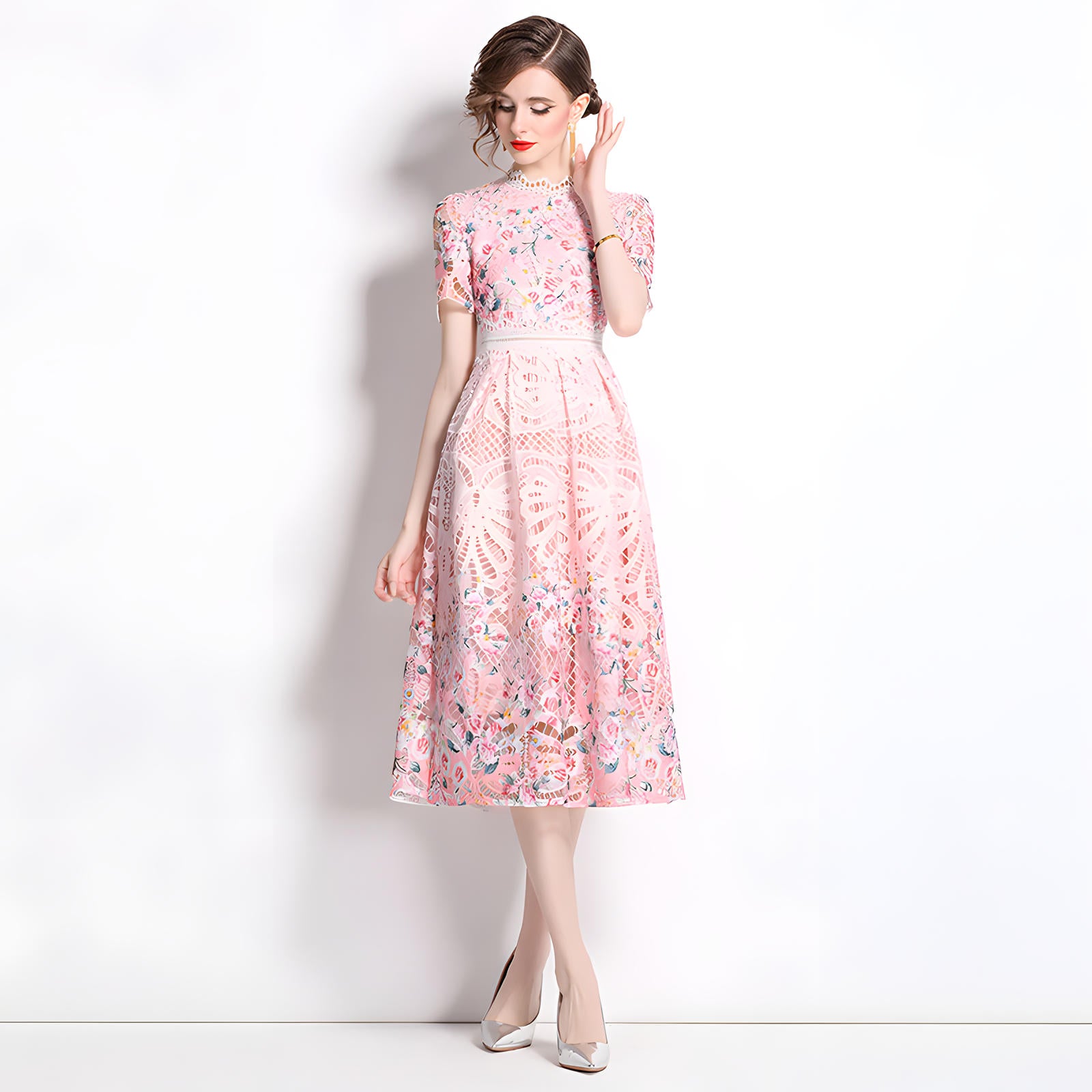 Printed Flower French Lace Jewel Neckline Dress - 802268282091_BAS