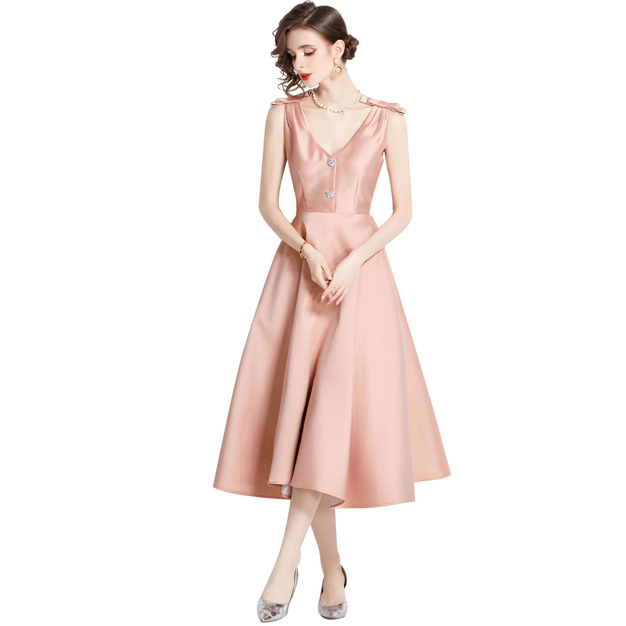 Hepburn Style Shoulder Bow V Neck Solid Peach Satin Dress - 1632#701