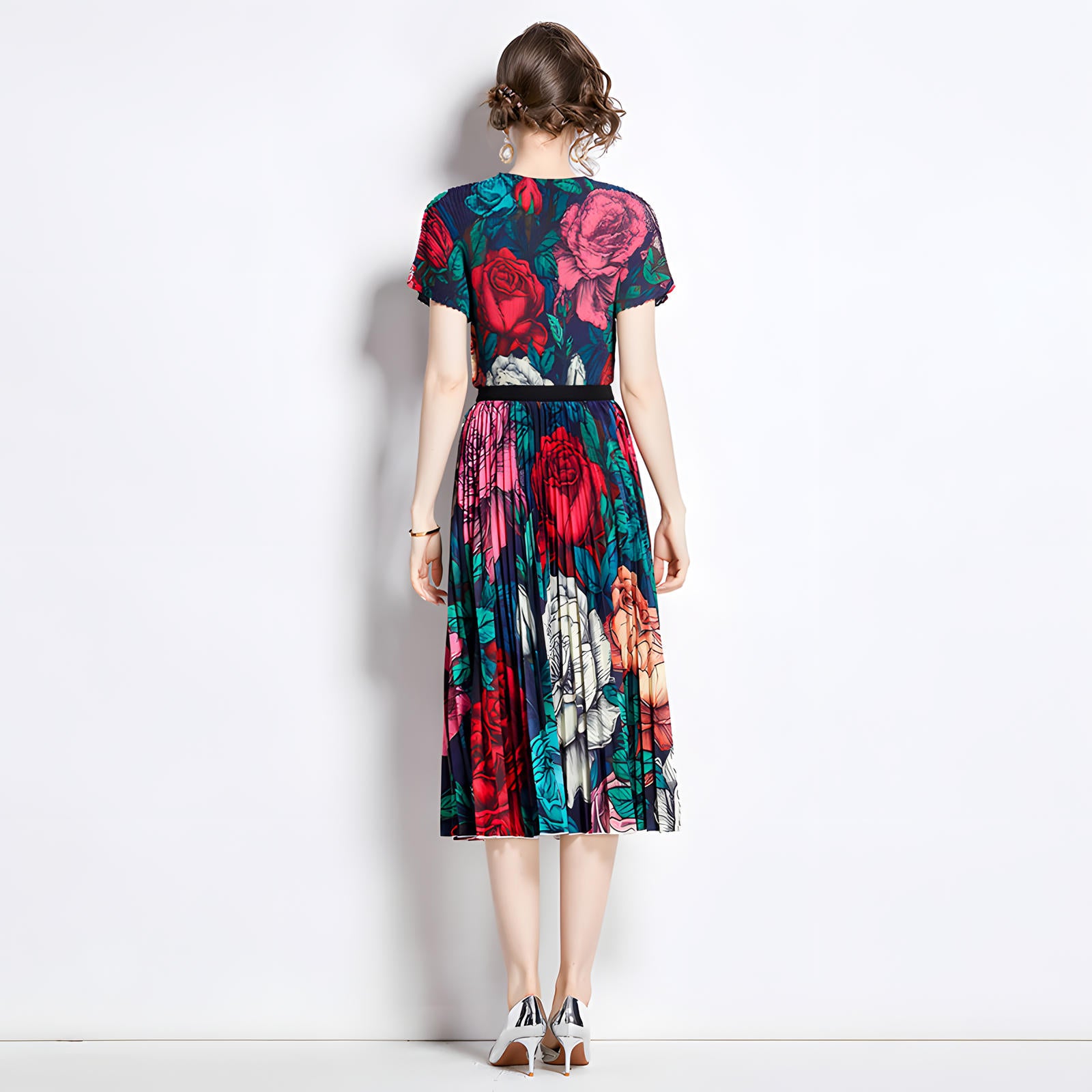 Floral Symphony Miyaki Fold Blouse Pleated Skirt Two Piece Chiffon Set - 777097211005_BAS