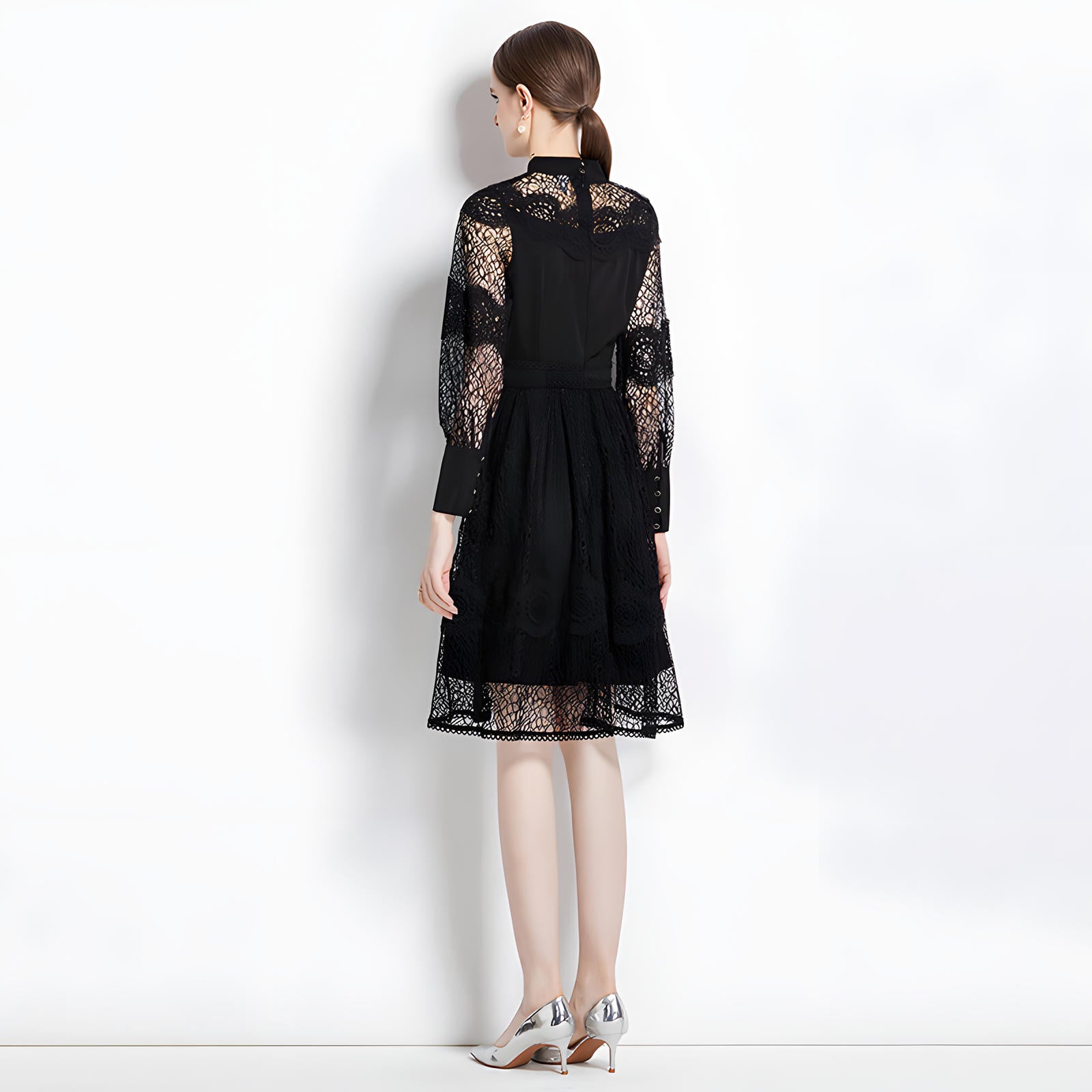 Luxury French Lace High Neck Retro Short Dress - 734561838831