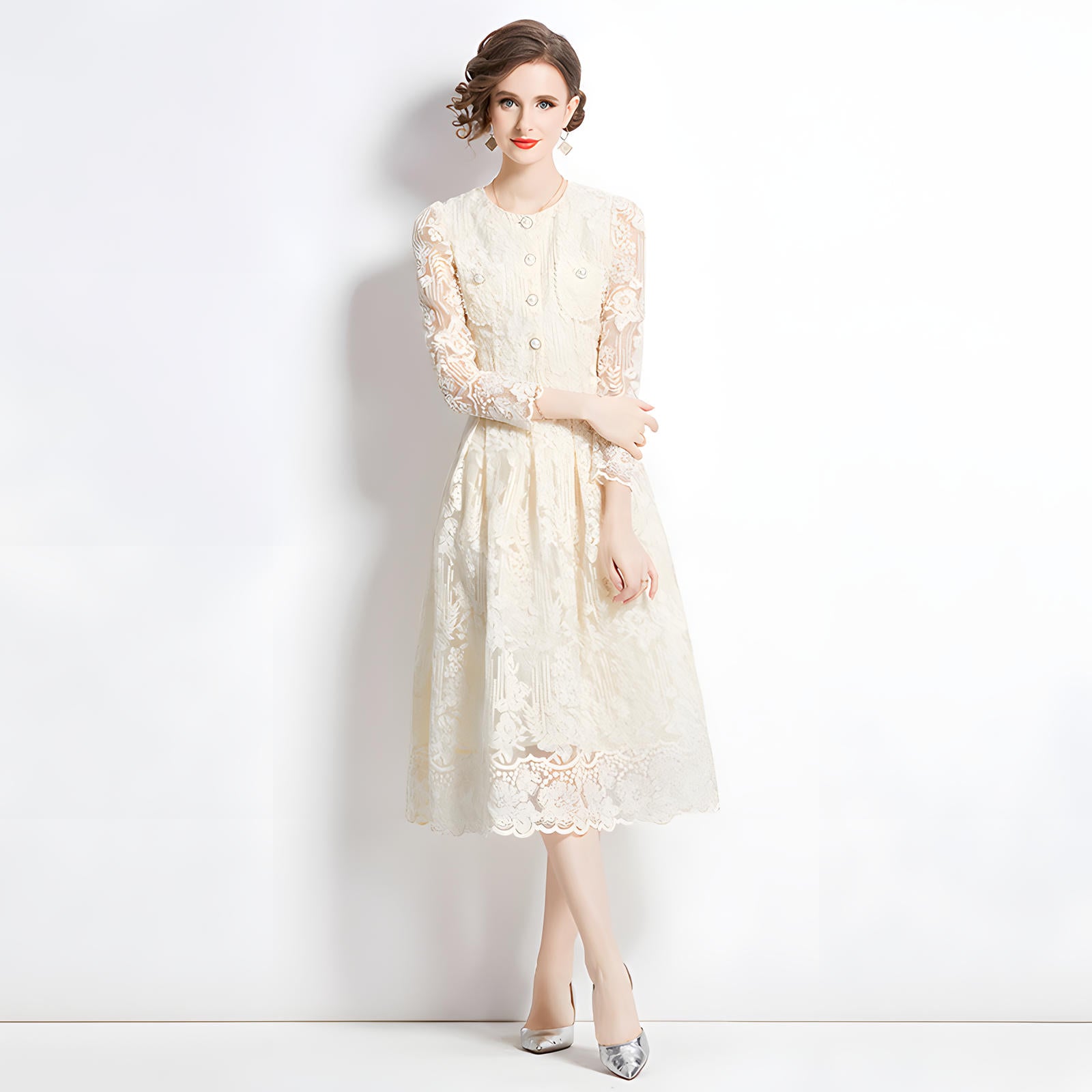 Embroidered French Lace Single Breasted Full Sleeve Blouse and Skirt Two Piece Set - 8566 #607_WHITE