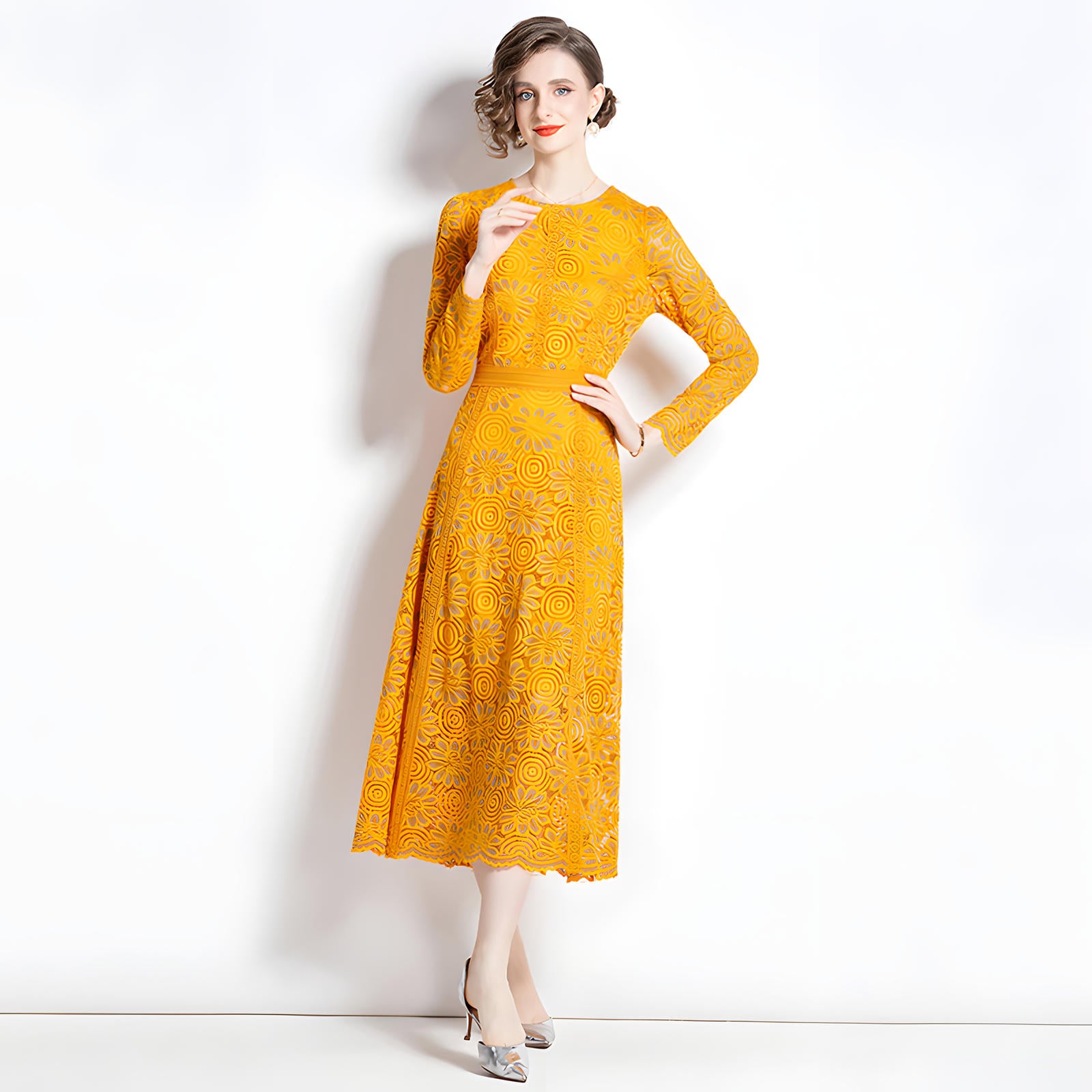 Luxury French Lace Full Sleeve Round Neck Long Dress - 6938#607_YELLOW