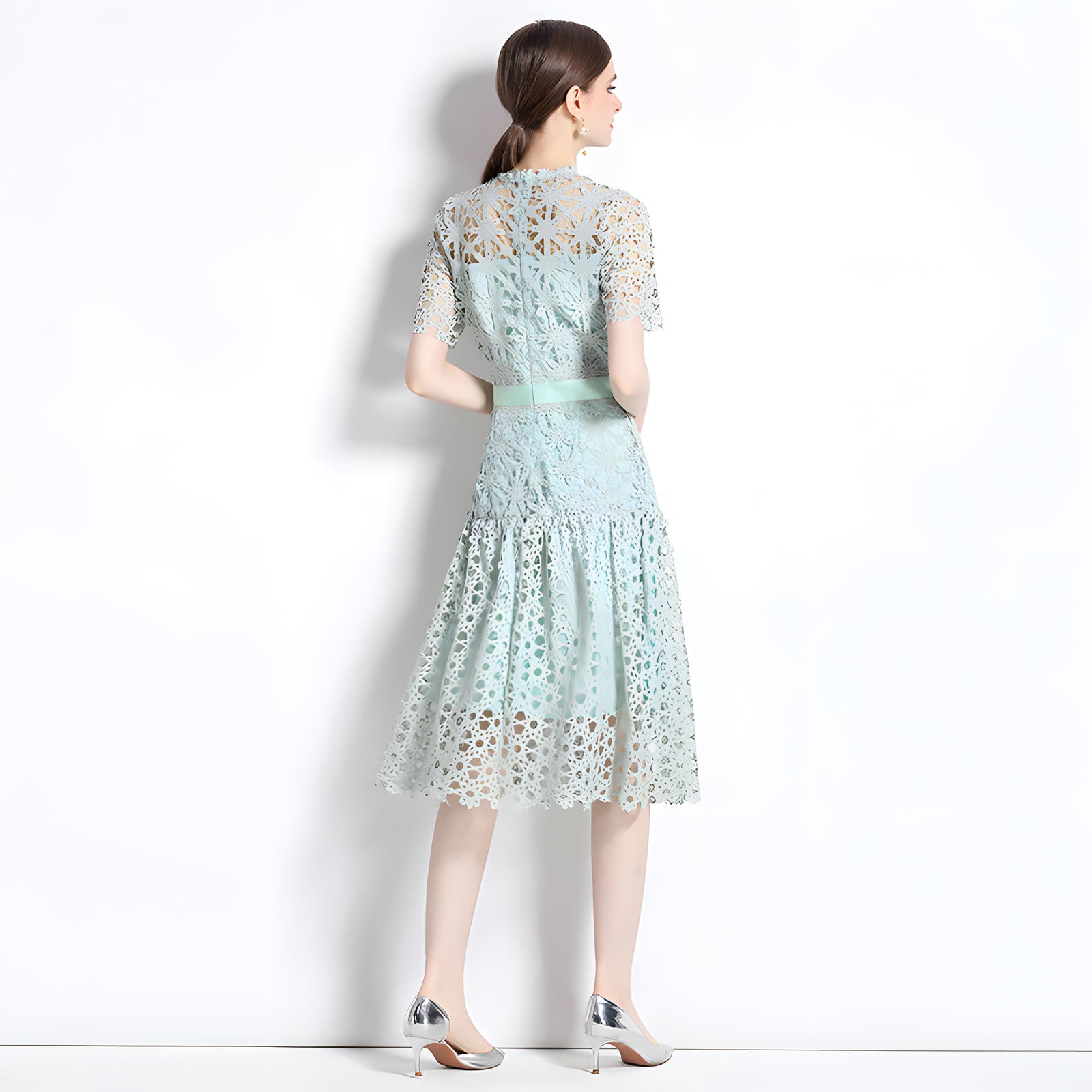 French Crocheted Lace Round Neck A - Line Aqua Green Dress - 332#609