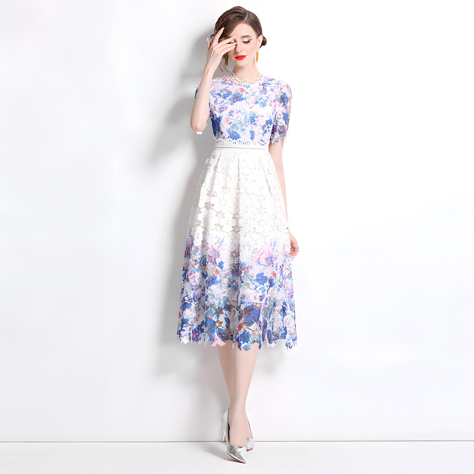 Printed Flower French Lace Jewel Neckline Dress - 802259454622_BAS