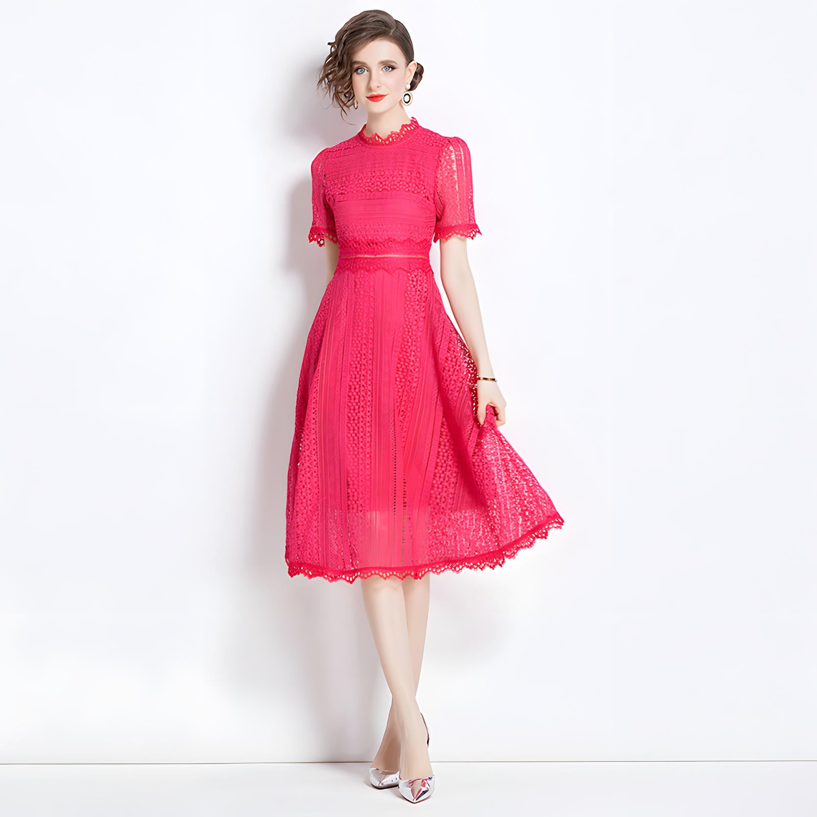 Luxury French Lace Jewel Neck Rose Red Dress - 533#609_ROS
