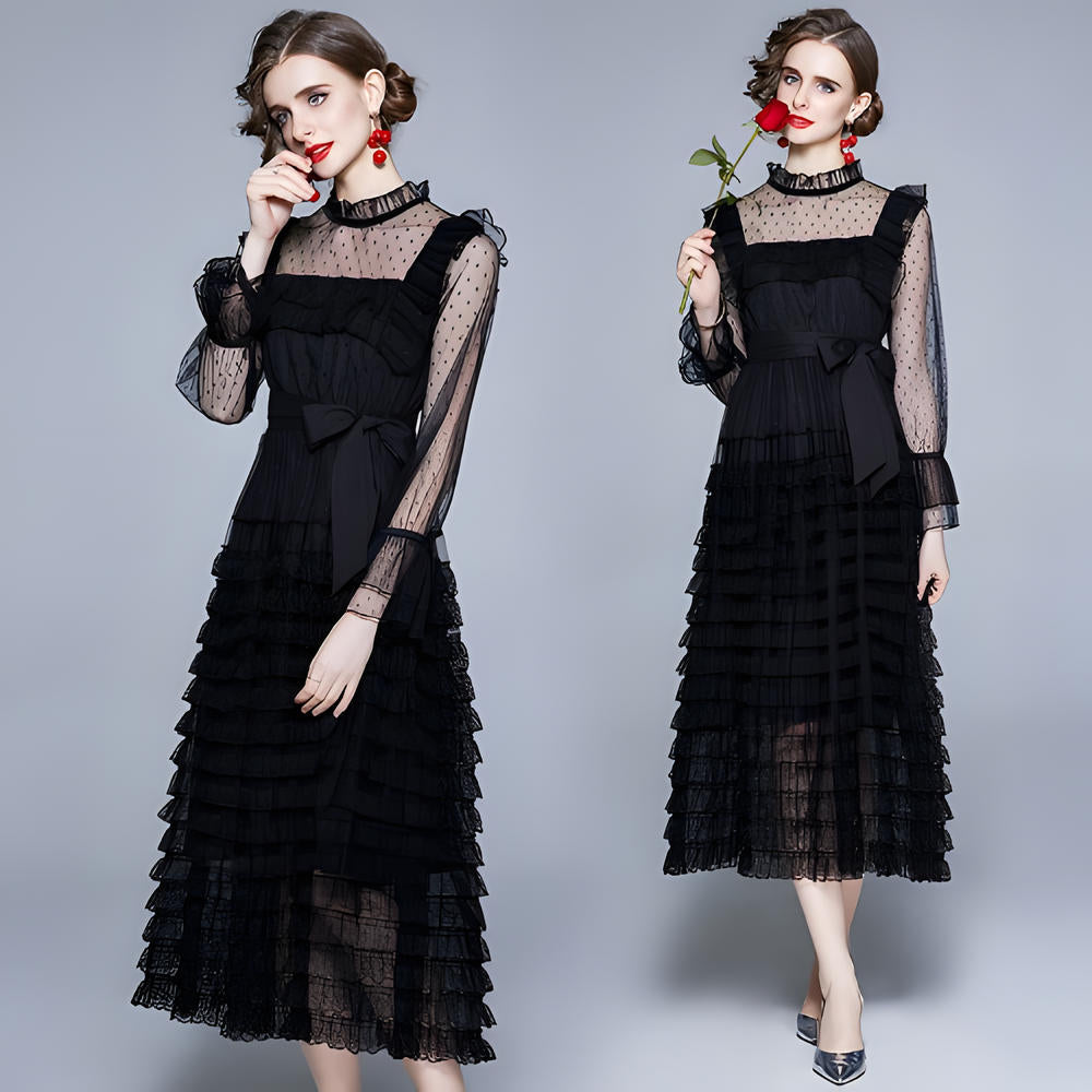 High Neck Polka Dot Mesh Multitier Skirt Elasticated Waist  Full Sleeve Black Dress With Satin Belt - 637810172088_BAS