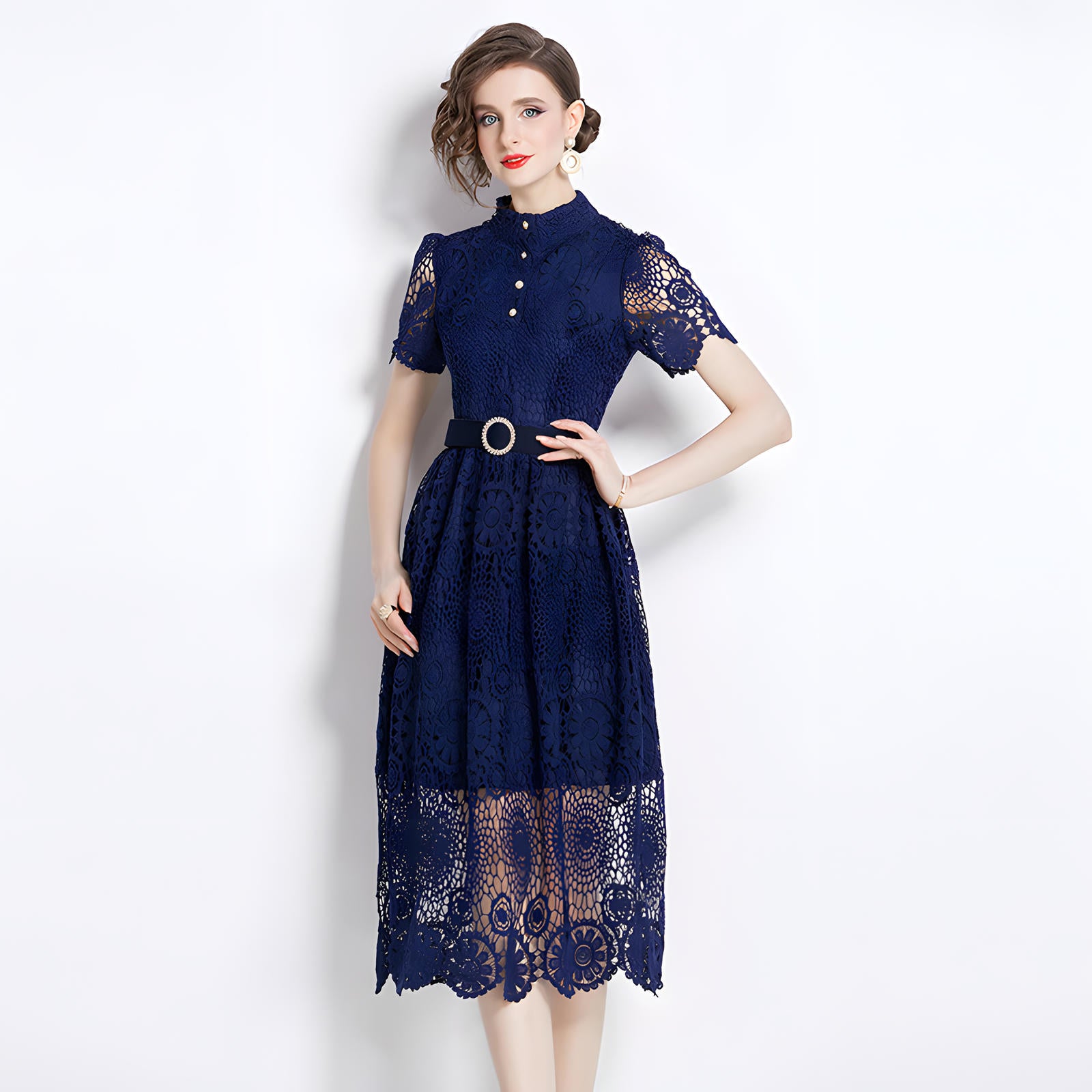 Luxury French Lace High Neck Front Button Navy Dress With Belt - 500#609_NAV