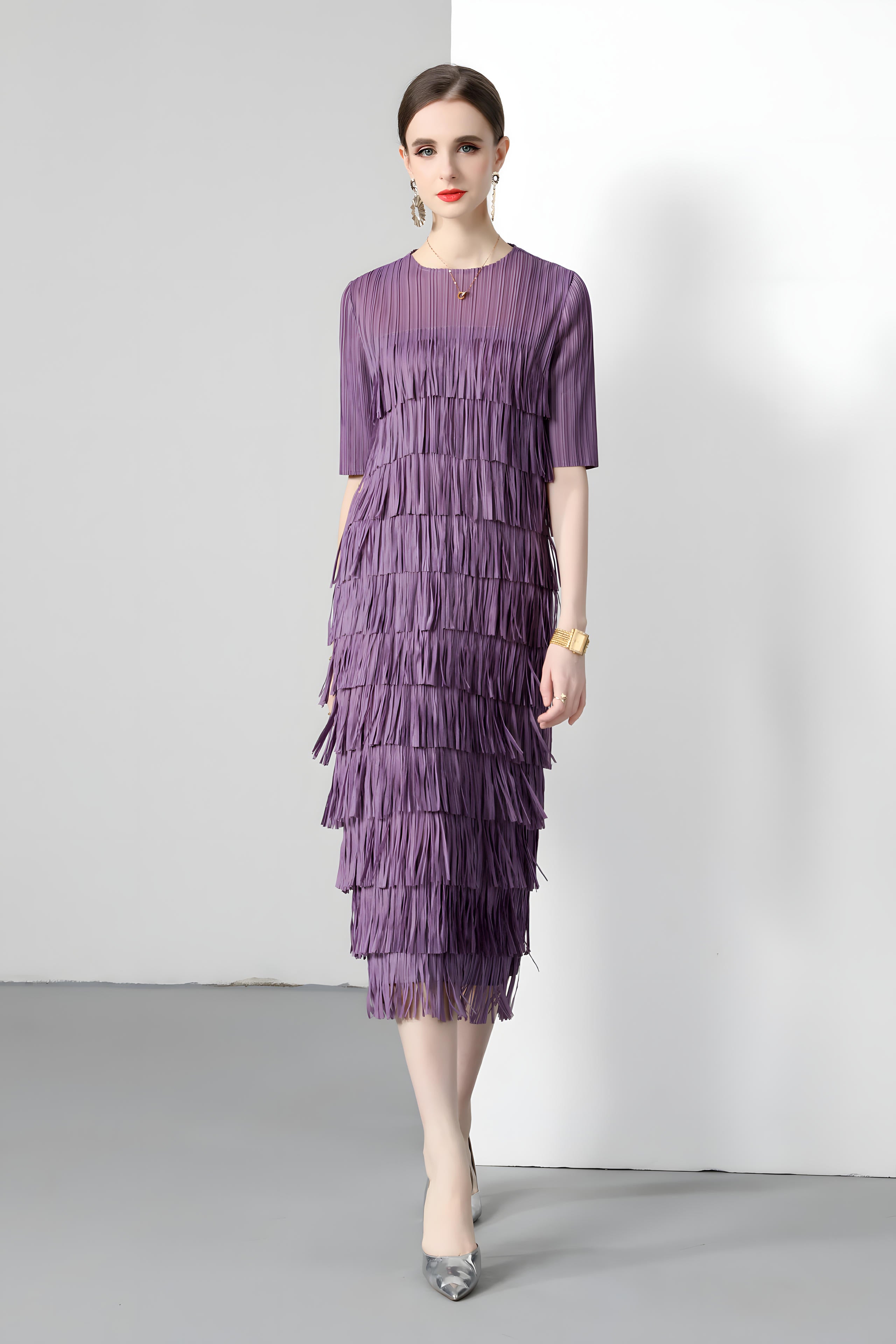 Multitier Fringe Stretchable Free Size Party Violet Dress - 764154489541_ZY_VIO