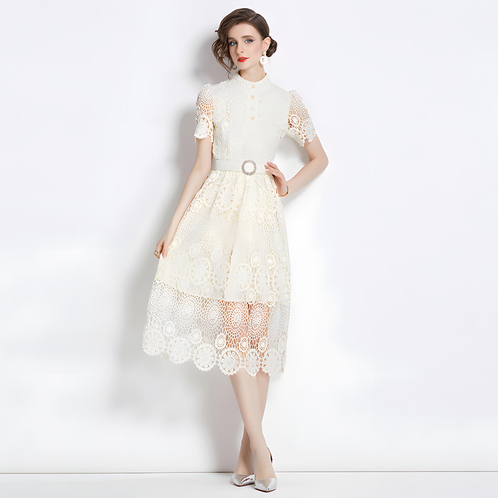 Luxury French Lace High Neck Front Button Apricot Dress With Belt - 500#609_APR