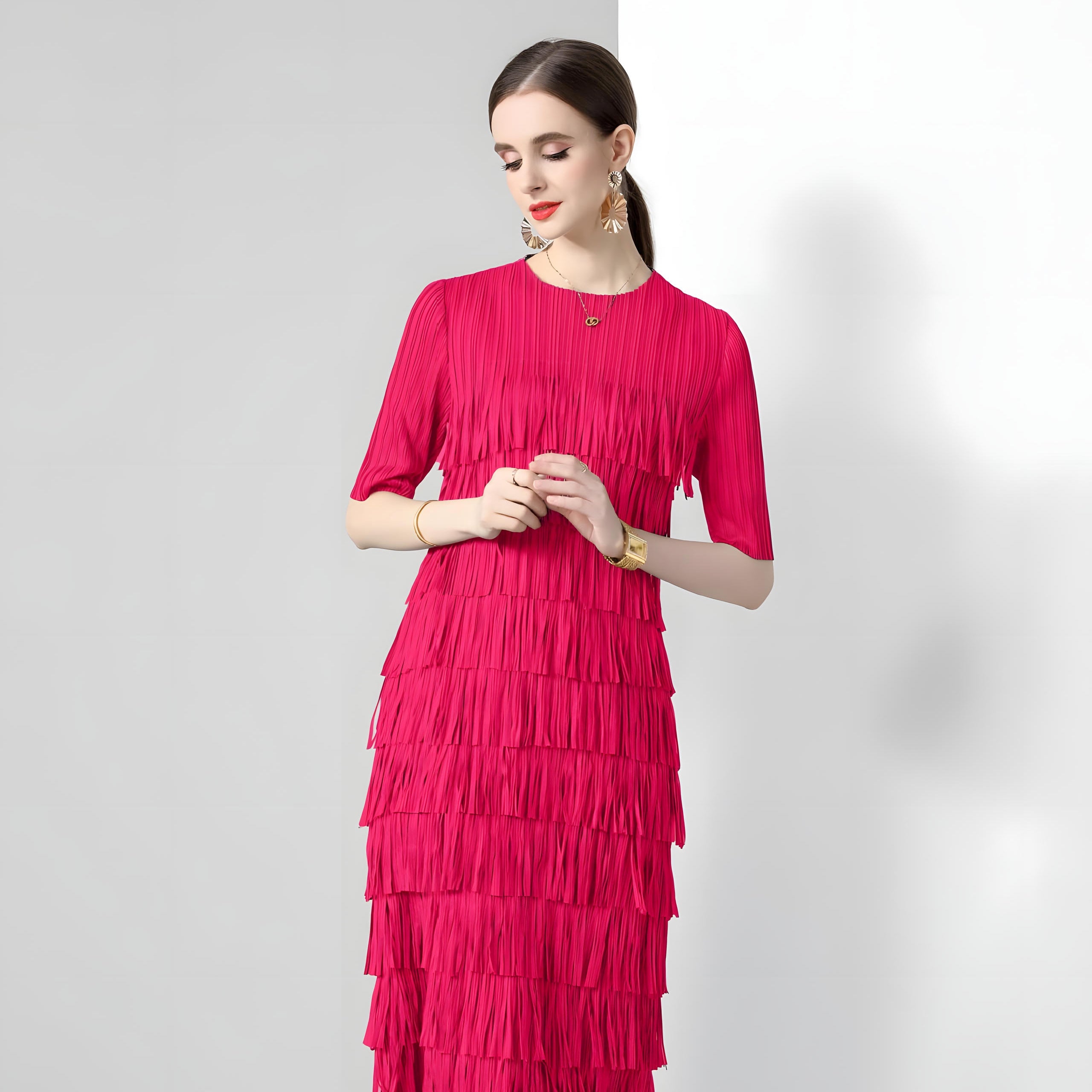 Multitier Fringe Stretchable Free Size Party Red Dress - 764154489541_ZY_RED