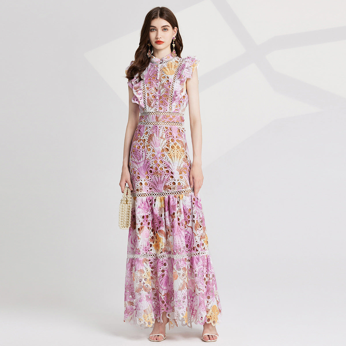 Luxury French Lace Pink Long Dress With Flutter Sleeve - 827491131616_PIN