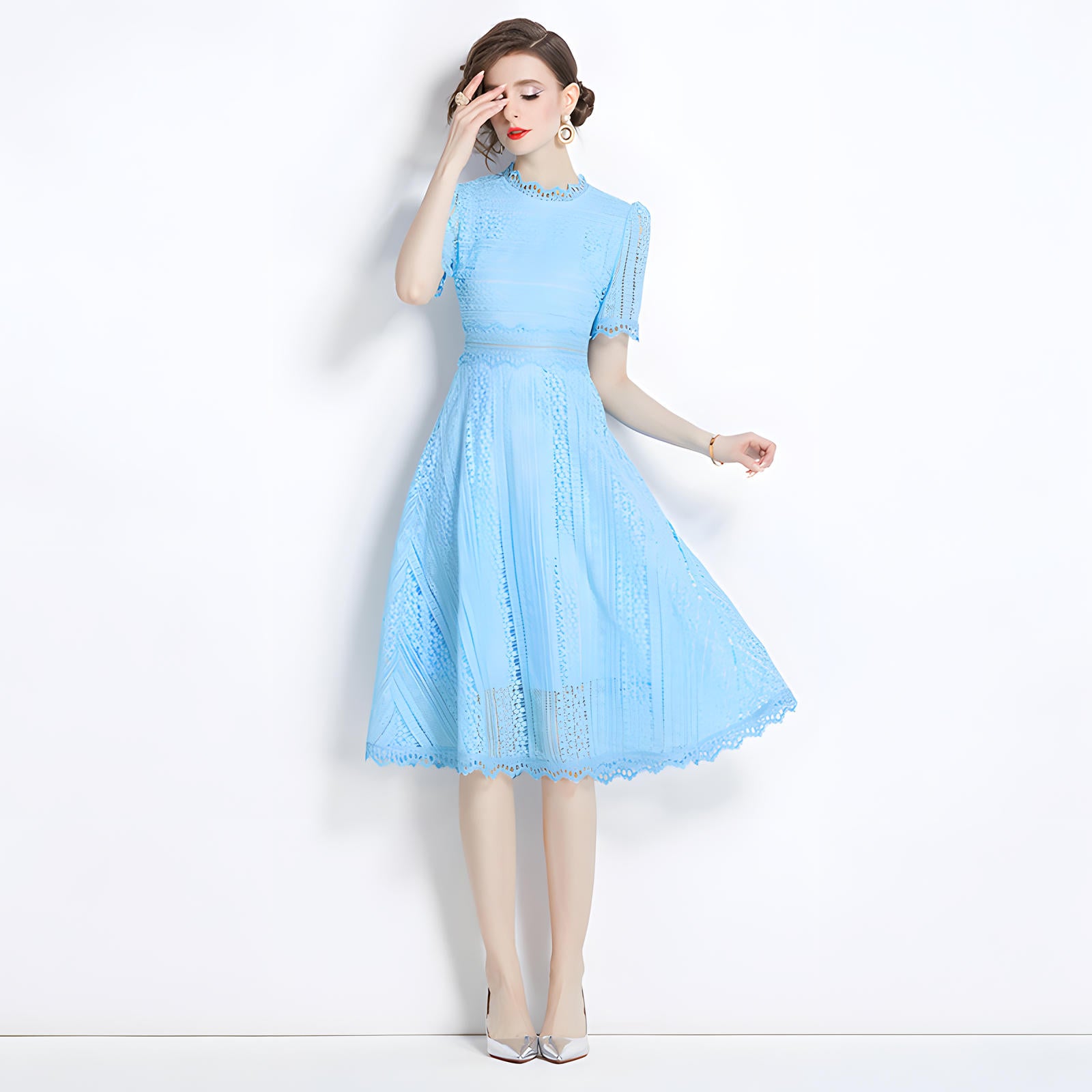 Luxury French Lace Jewel Neckline Lake Blue Dress - 533#609_LAK