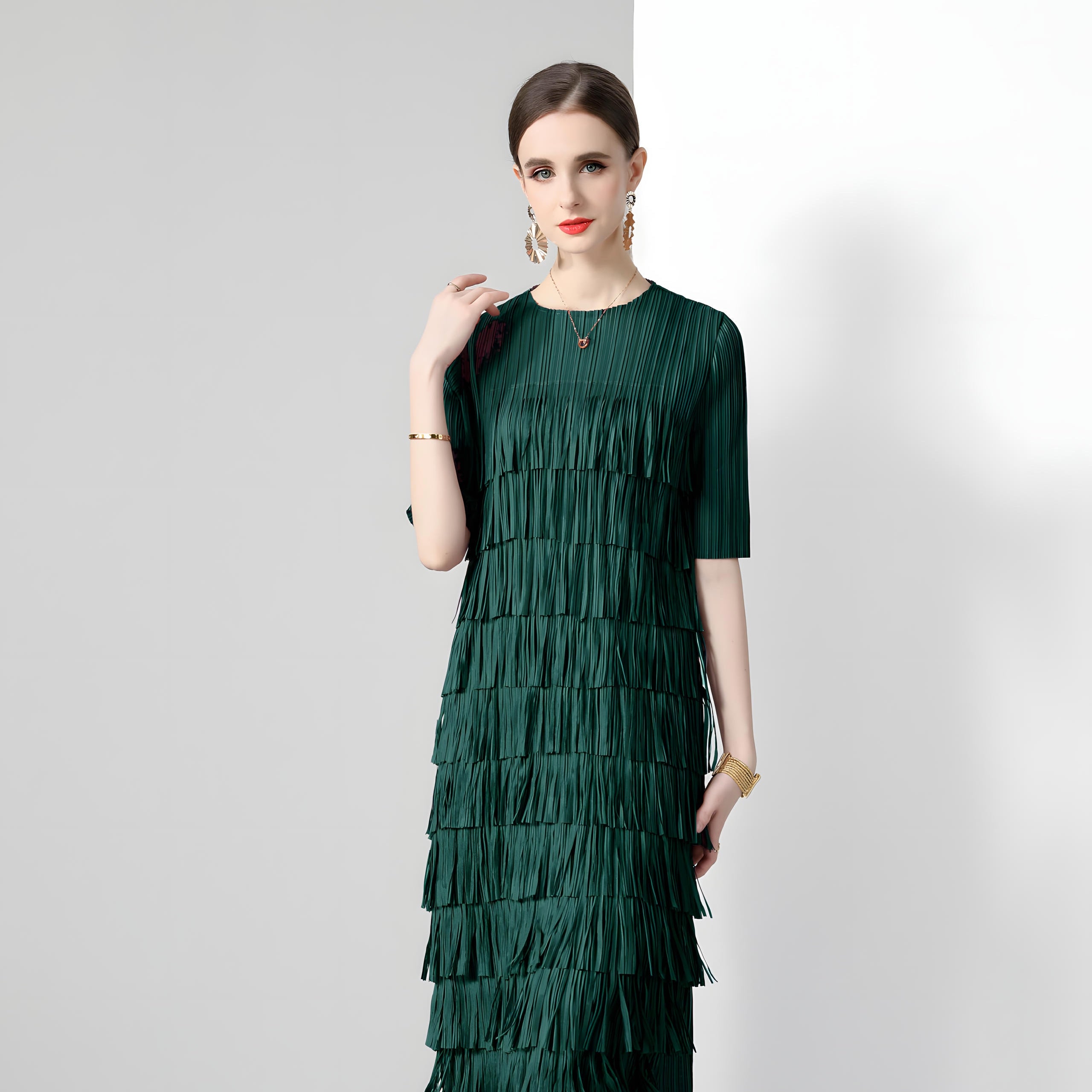 Multitier Fringe Stretchable Free Size Party Bottle Green Dress - 764154489541_ZY_GRE