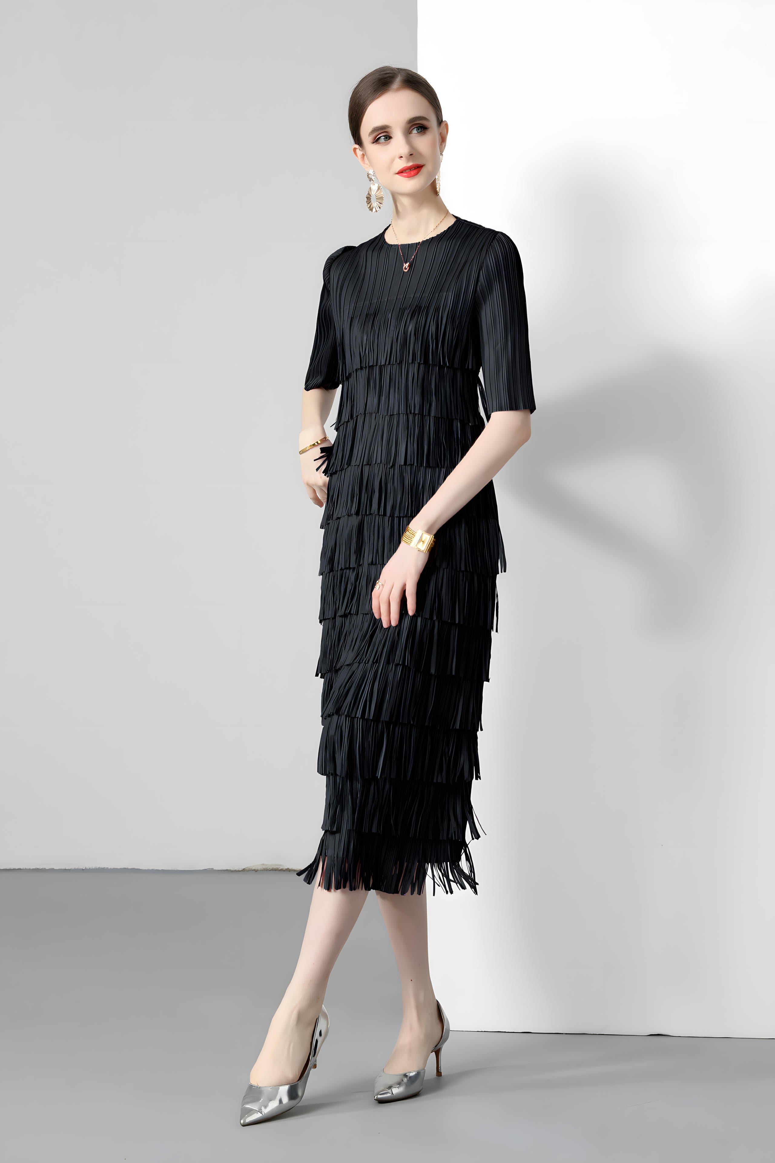 Multitier Fringe Stretchable Free Size Party Black Dress - 764154489541_ZY_BLA
