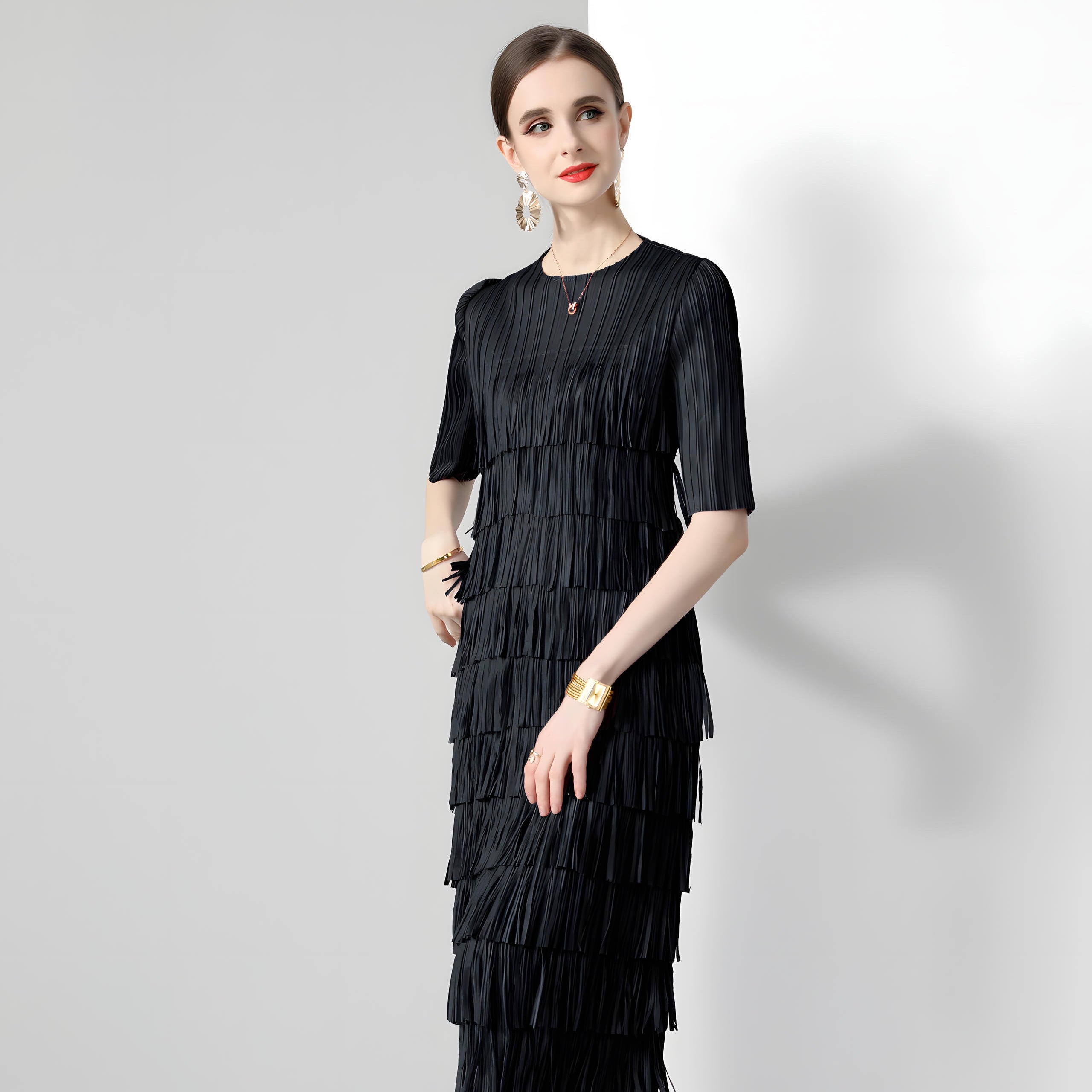 Multitier Fringe Stretchable Free Size Party Black Dress - 764154489541_ZY_BLA
