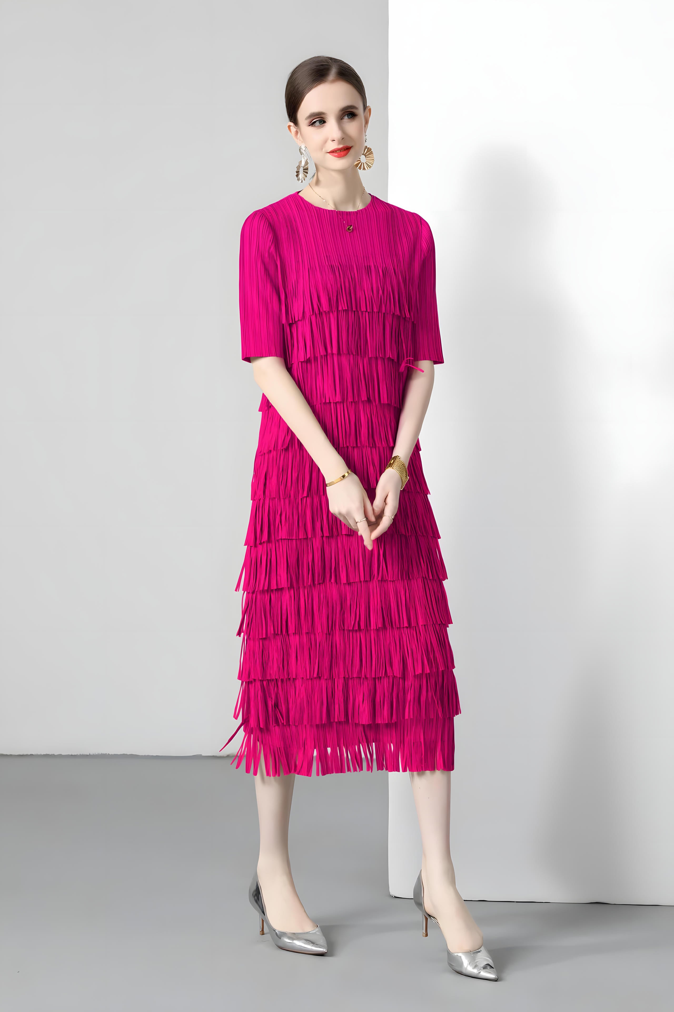Multitier Fringe Stretchable Free Size Party Rose Red Dress - 764154489541_ZY_ROS