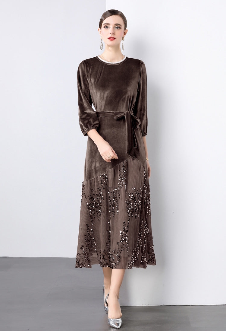 Velvet Mesh and Sequin Embellished Dress - 855932949530_BROWN