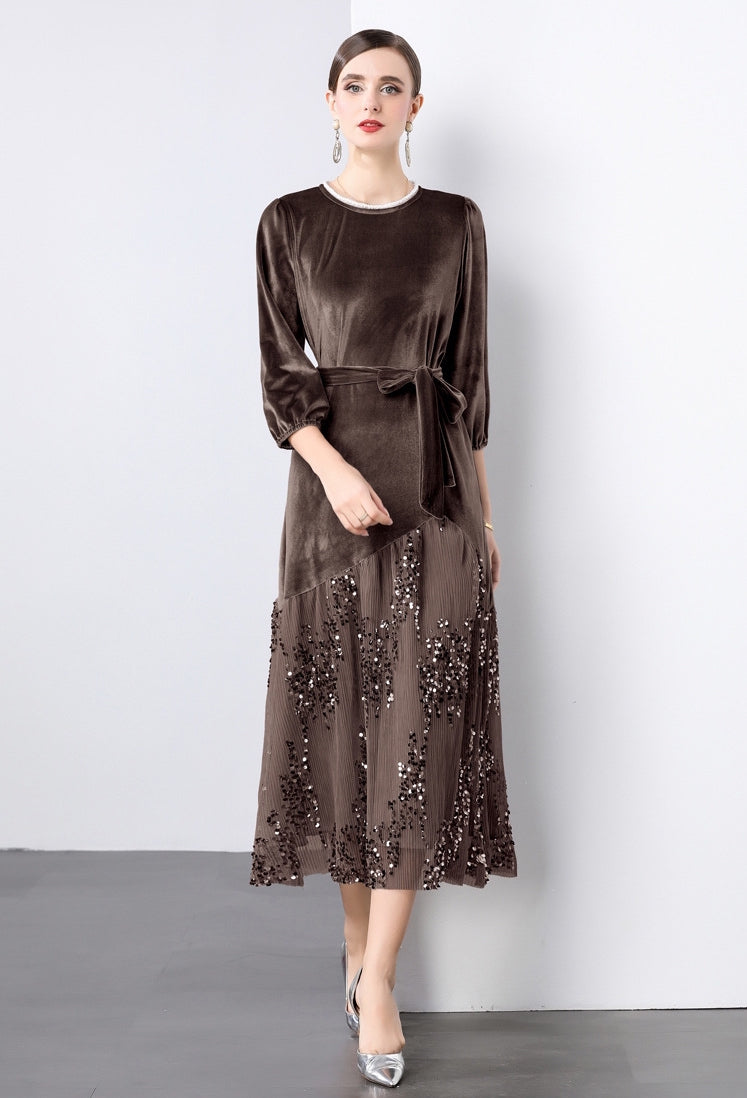 Velvet Mesh and Sequin Embellished Dress - 855932949530_BROWN