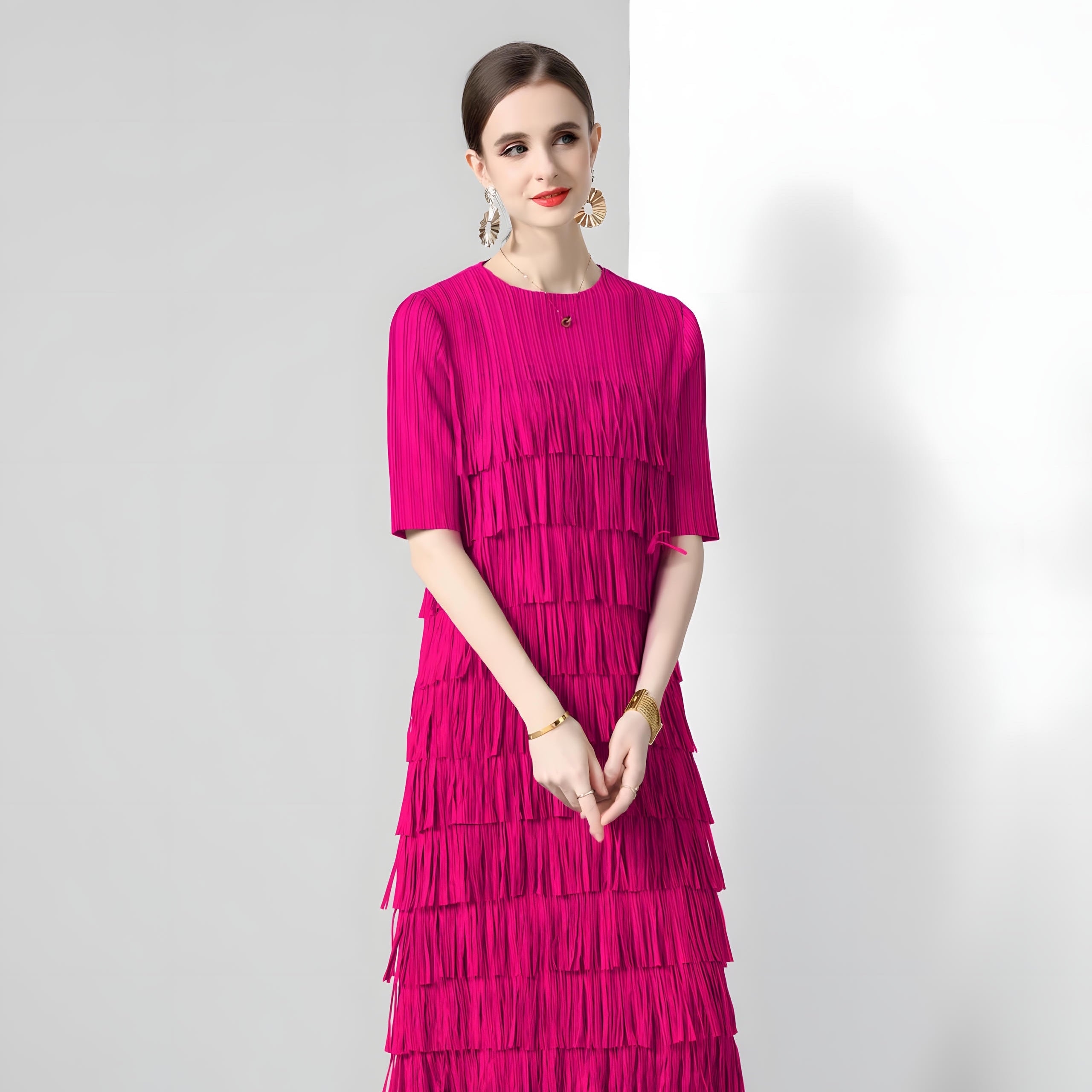 Multitier Fringe Stretchable Free Size Party Rose Red Dress - 764154489541_ZY_ROS