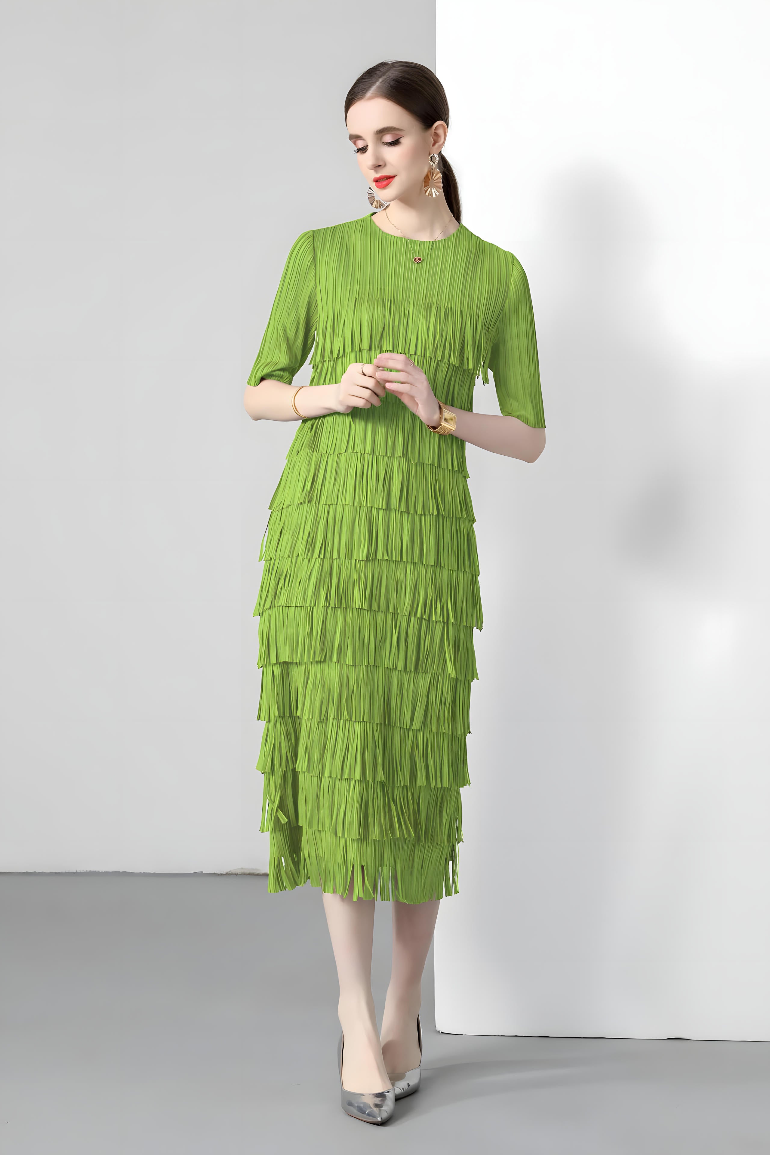 Multitier Fringe Stretchable Free Size Party Fluorescent Green Dress - 764154489541_ZY_FLO