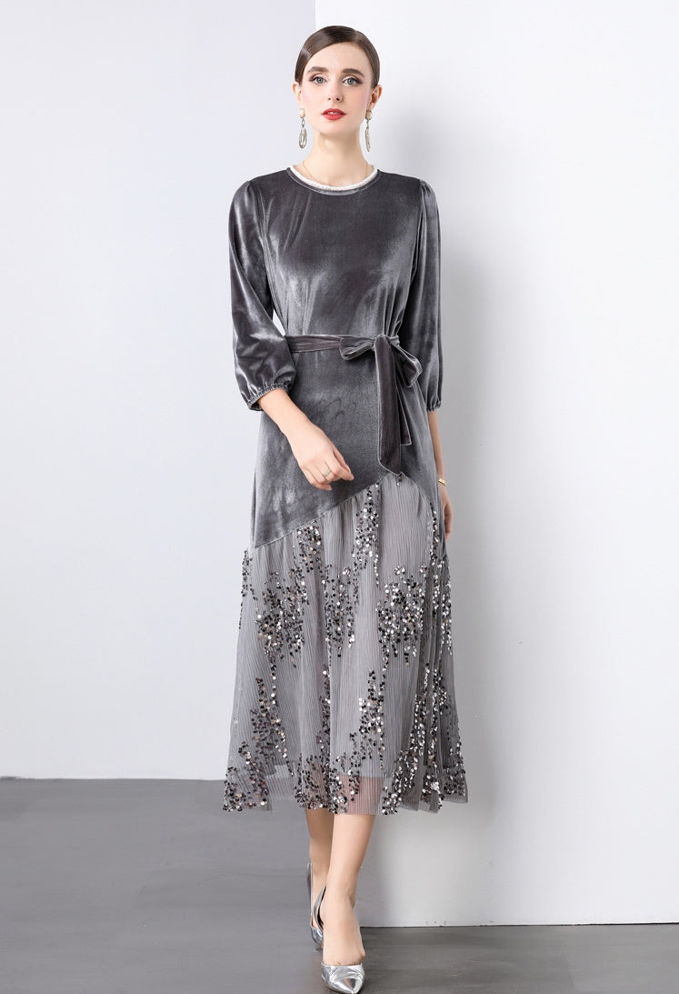 Velvet Mesh and Sequin Embellished Dress - 855932949530_GREY