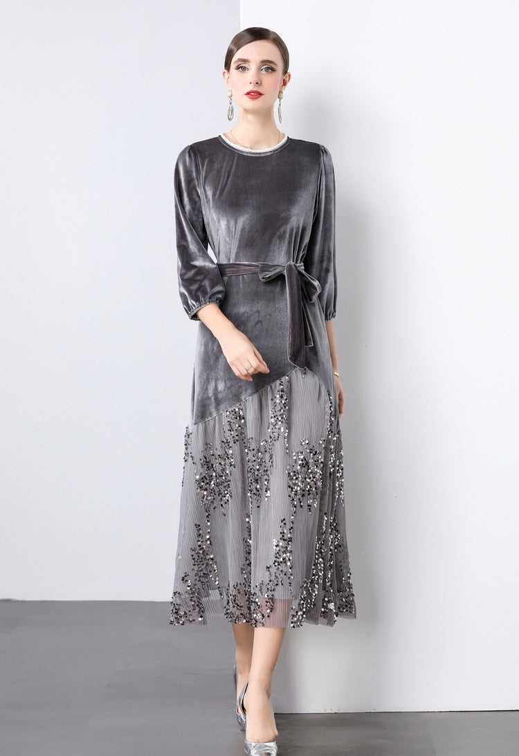 Velvet Mesh and Sequin Embellished Dress - 855932949530_GREY