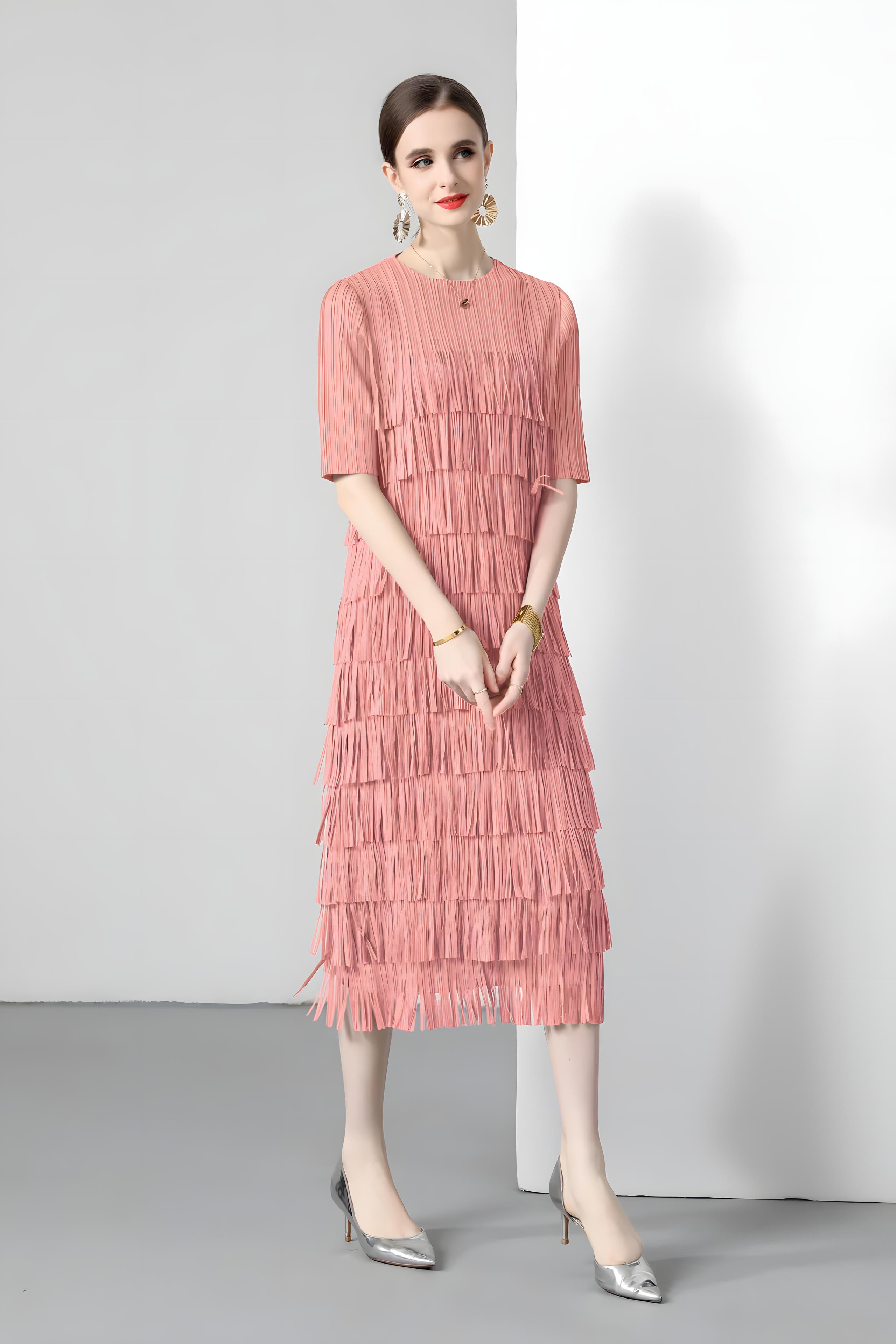 Multitier Fringe Stretchable Free Size Party Peach Dress - 764154489541_ZY_PEA