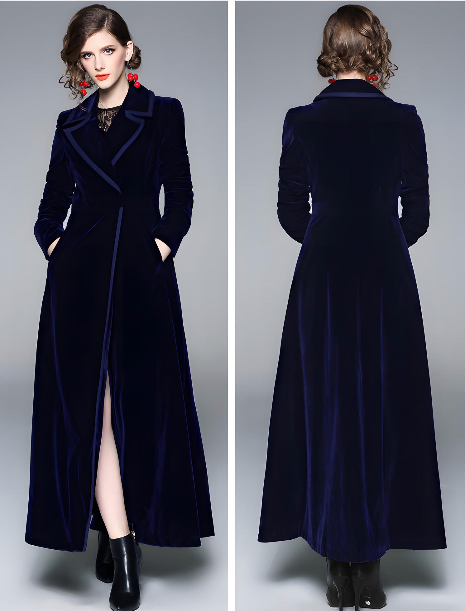 Statement Navy Blue Velvet Overcoat with Grand Lapels and Pocket - 606995540252_NAV