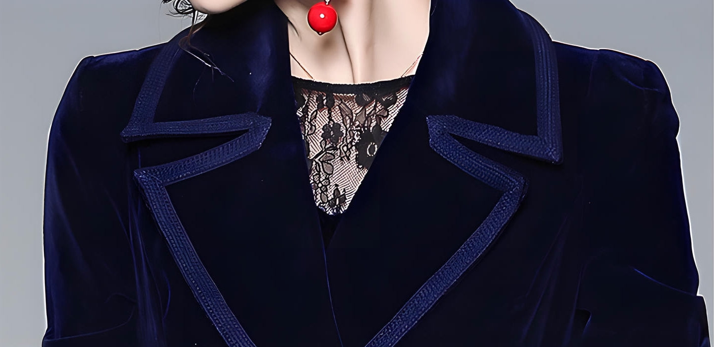 Statement Navy Blue Velvet Overcoat with Grand Lapels and Pocket - 606995540252_NAV