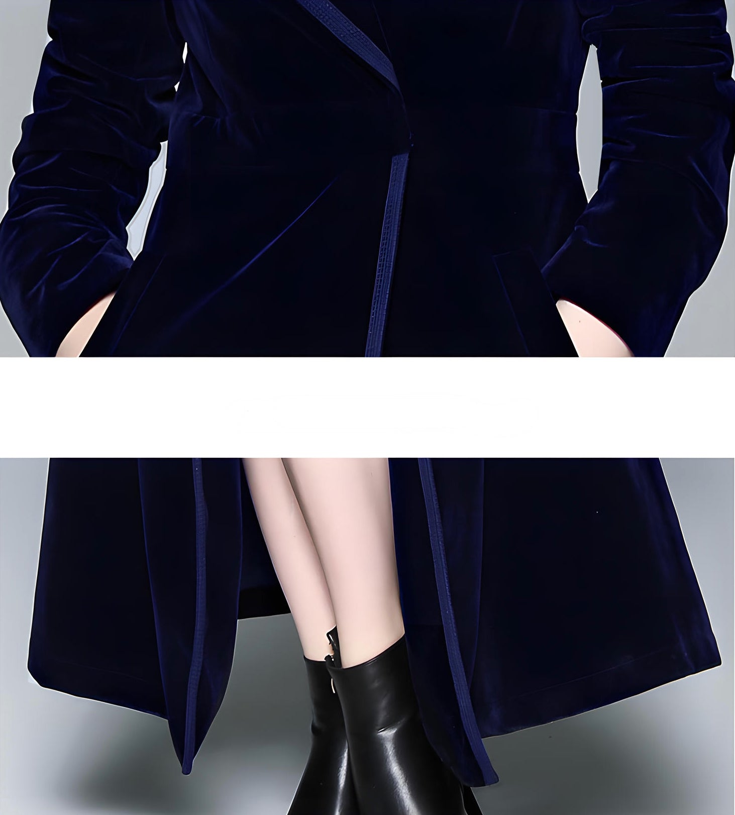Statement Navy Blue Velvet Overcoat with Grand Lapels and Pocket - 606995540252_NAV
