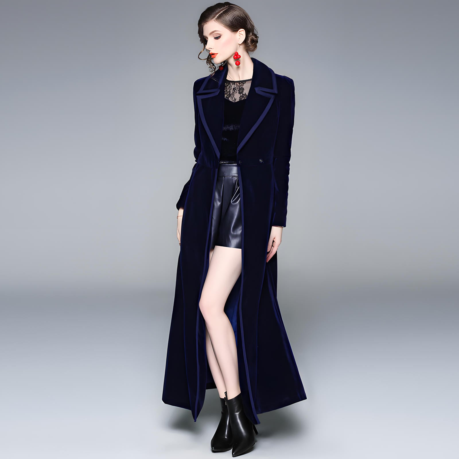 Statement Navy Blue Velvet Overcoat with Grand Lapels and Pocket - 606995540252_NAV