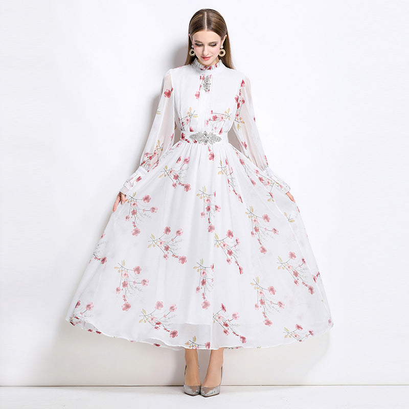 Cheery Red Flowy Floral Tiered Chiffon Gown With Belt