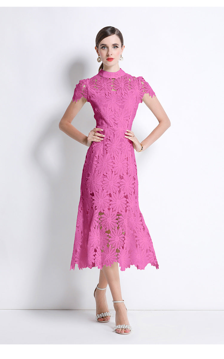 Fuchsia Petal Lace Midi Dress