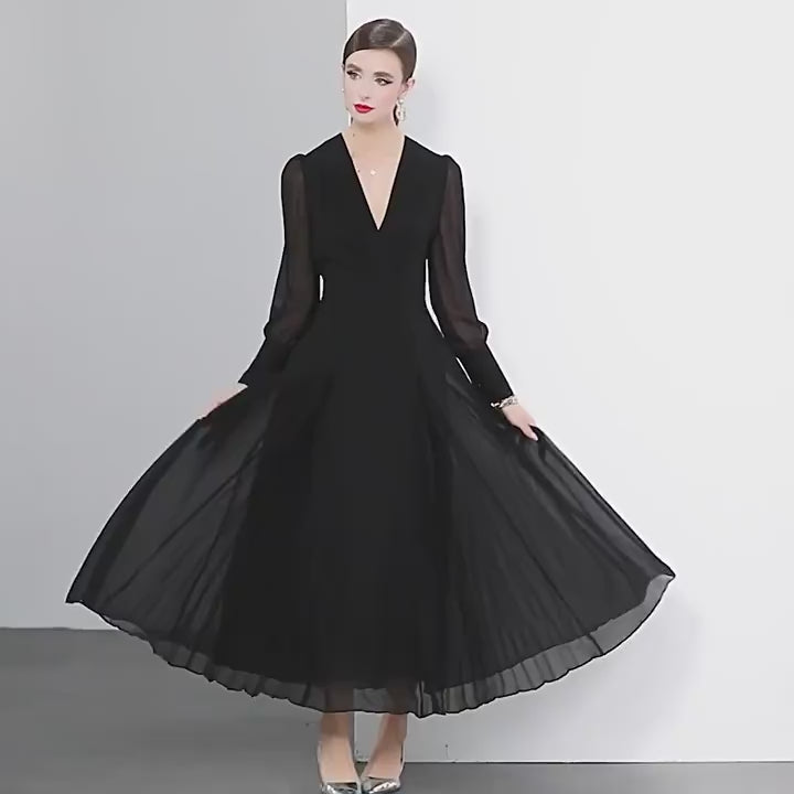 Lantern Sleeve Chiffon Dress with Pleated Bust and Box Pleat Skirt - 833900044434_BLA