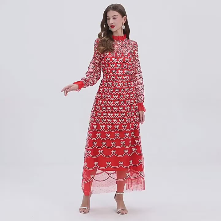 Crimson Symphony Mesh and Sequin Dress - 852089082902_RED