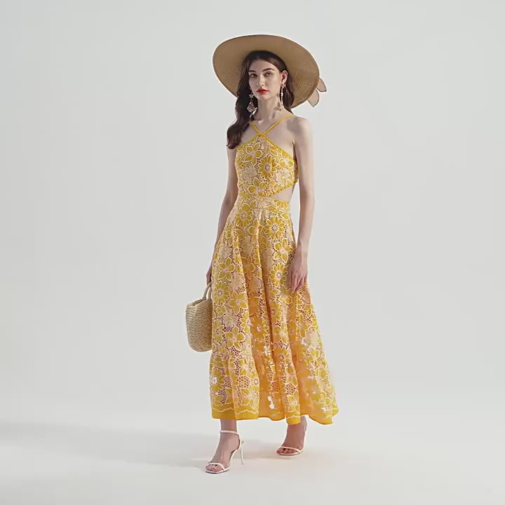 Luxury French Lace Halter Neck Holiday Breeze Black Dress - 829851111269_YEL