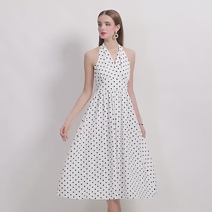 Classic Charm White Polka Dot Halter Dress - 902653054769_WHITE