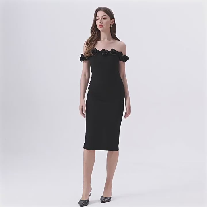 Black Off-Shoulder Rose Embellished Bodycon Dress