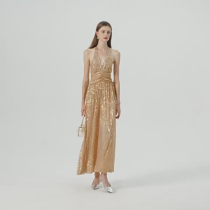 Gold Sequin Halter Maxi Dress