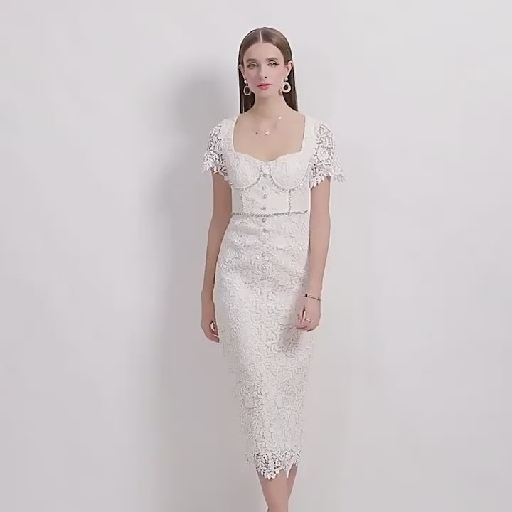 Elegant Lace Pearl-Button Midi Dress - 911152070726_APRICOT