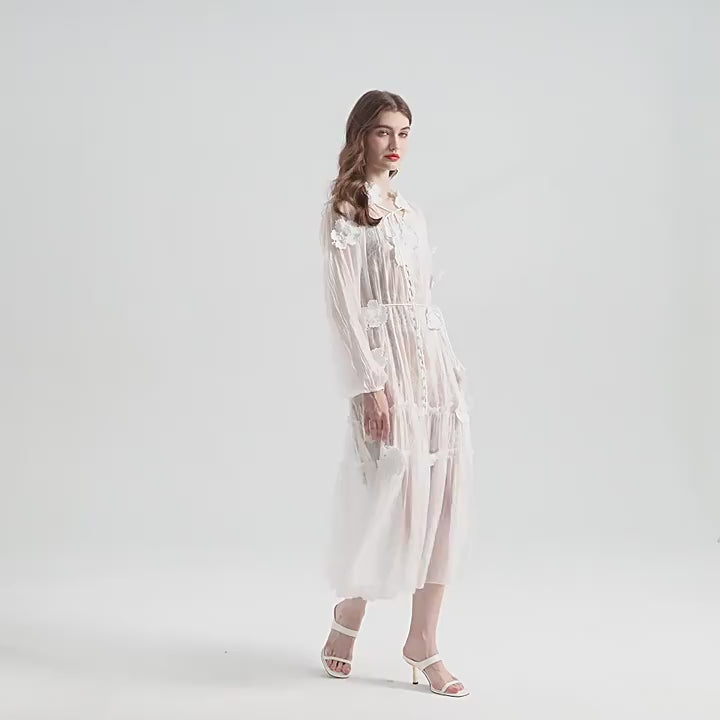 French Lace Floral Embellished Maxi Beach Dress with Lace Eyelash Sling And Bottoming Skirt - 834067027238