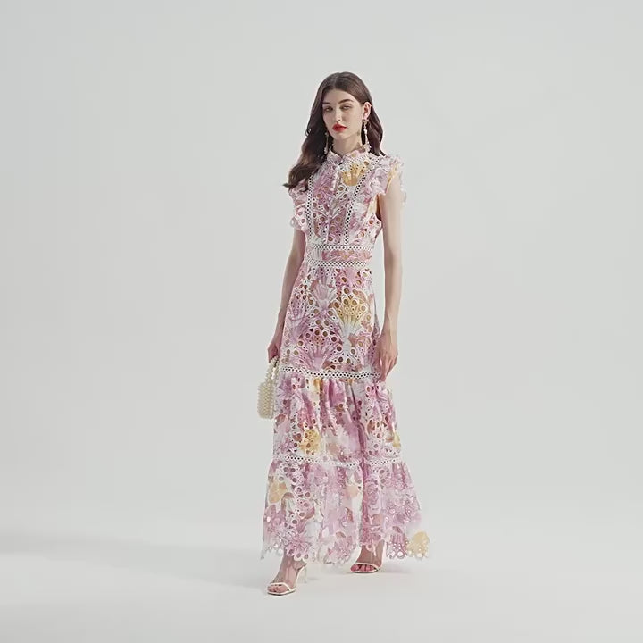 Luxury French Lace Pink Long Dress With Flutter Sleeve - 827491131616_PIN